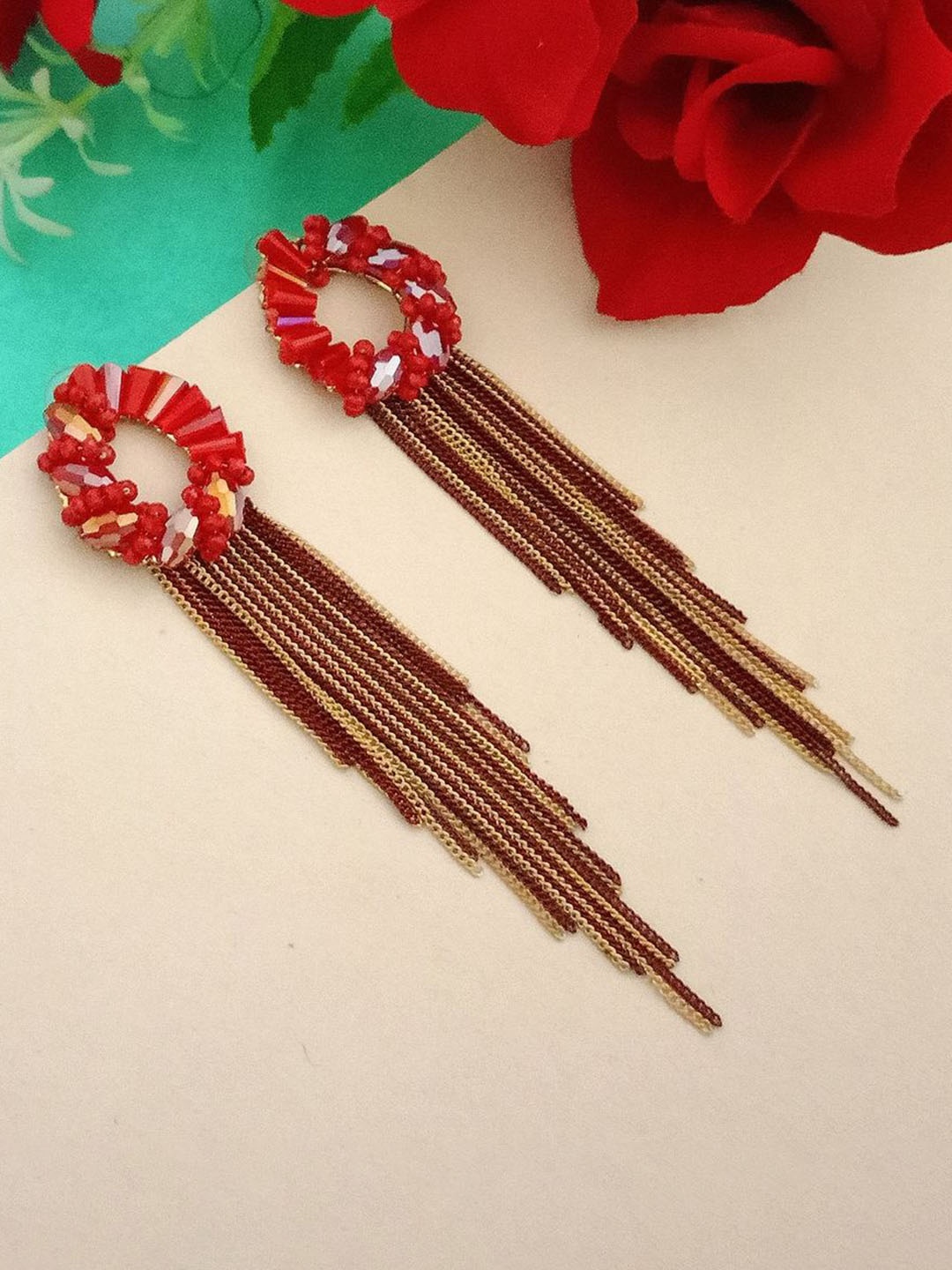 

DIVASTRI Gold-Plated Artificial Stones Studded Tasselled Contemporary shaped Drop Earrings, Red