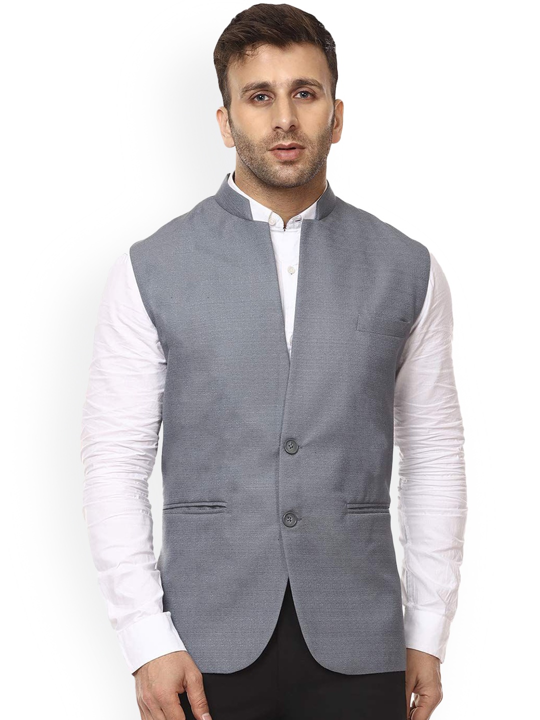 

VEERA PARIDHAAN Mandarin Collar Sleeveless Woven Waistcoat, Grey