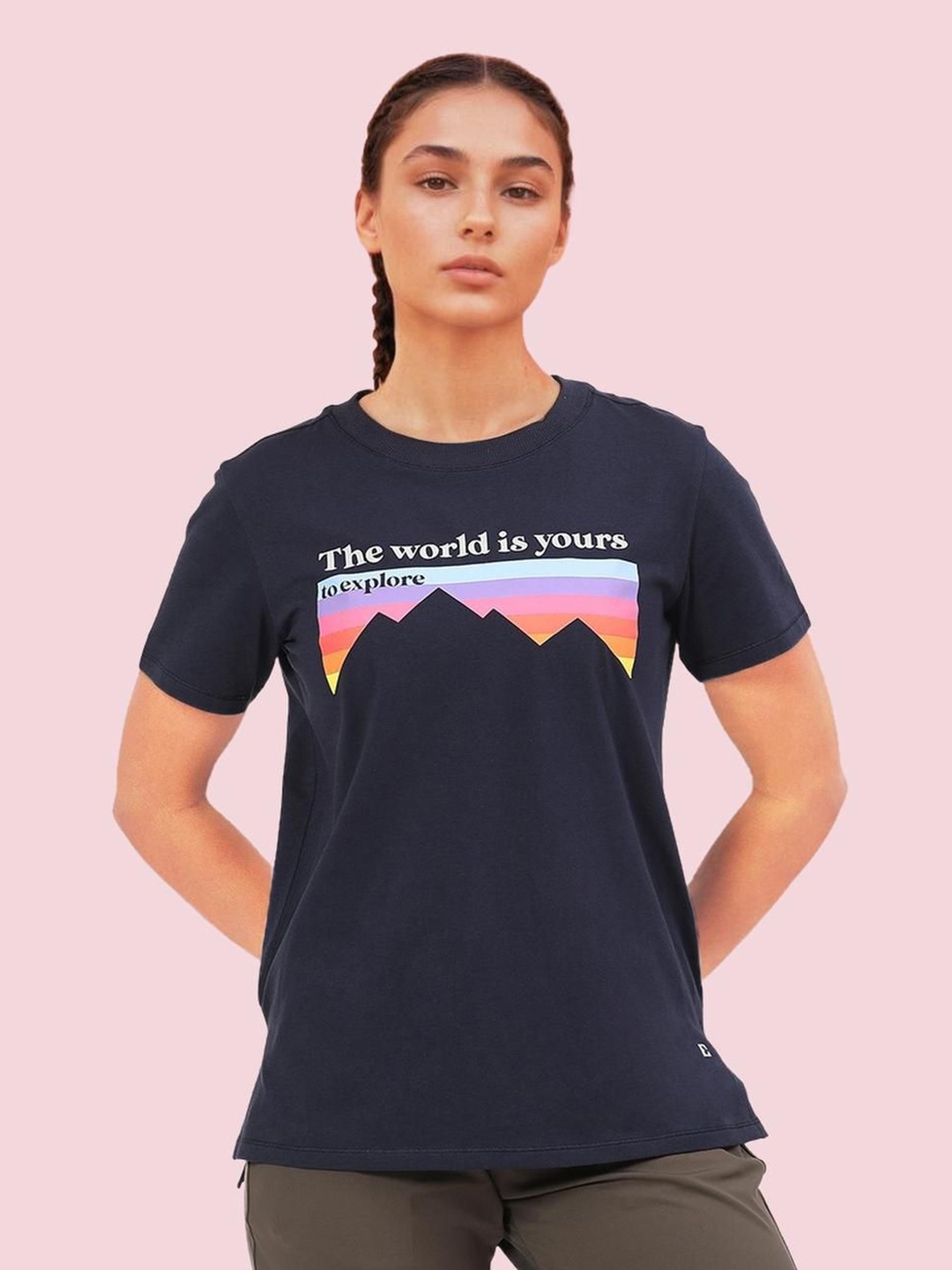 

Enamor Women Printed Extended Sleeves Antimicrobial Applique T-shirt, Navy blue