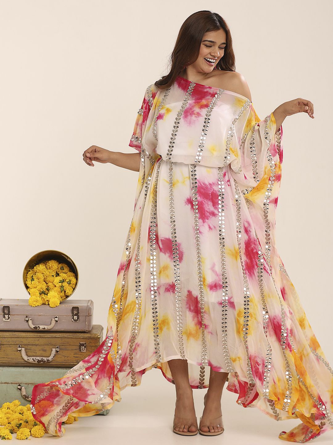 

THE BLESSED WARDROBE Women Printed Kaftan Maxi Dress, Pink
