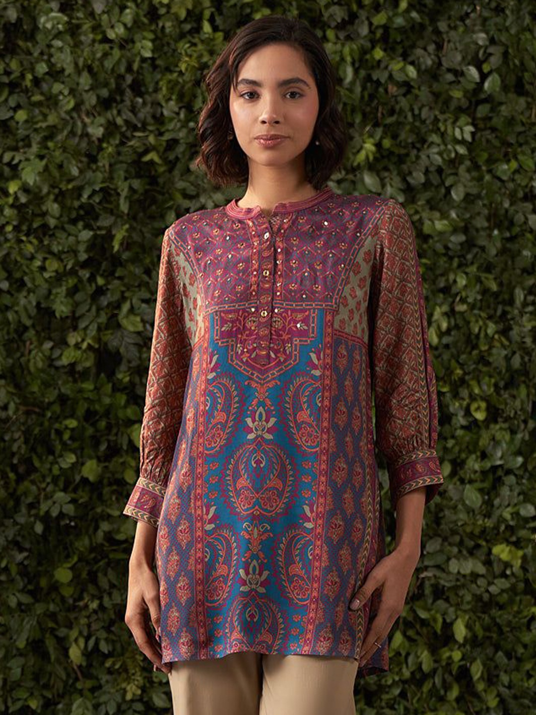 

Lakshita Mandarin Collar Printed Tunic, Purple