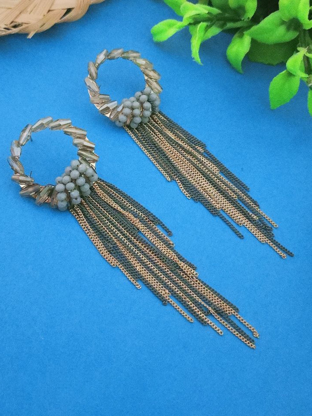 

DIVASTRI Gold-Plated Artificial Beaded Contemporary Shaped Chain Drop Earrings, Grey