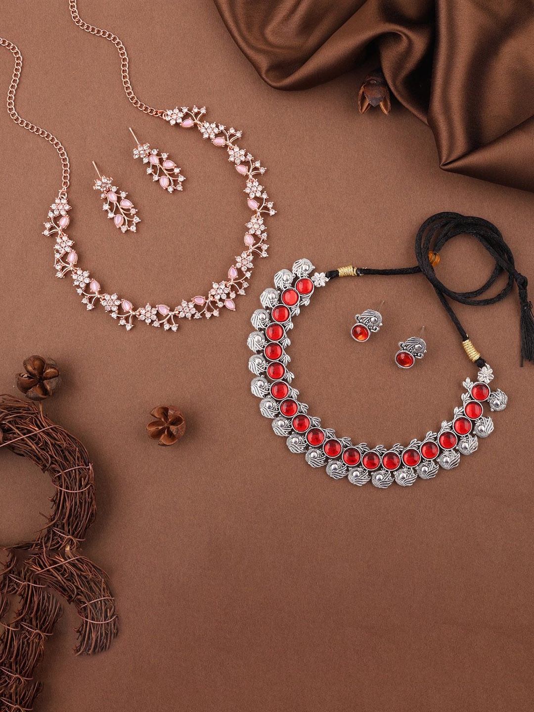 

Lyriss Set Of 2 Rose Gold Plated American Diamond Stone-Studded Jewellery Set