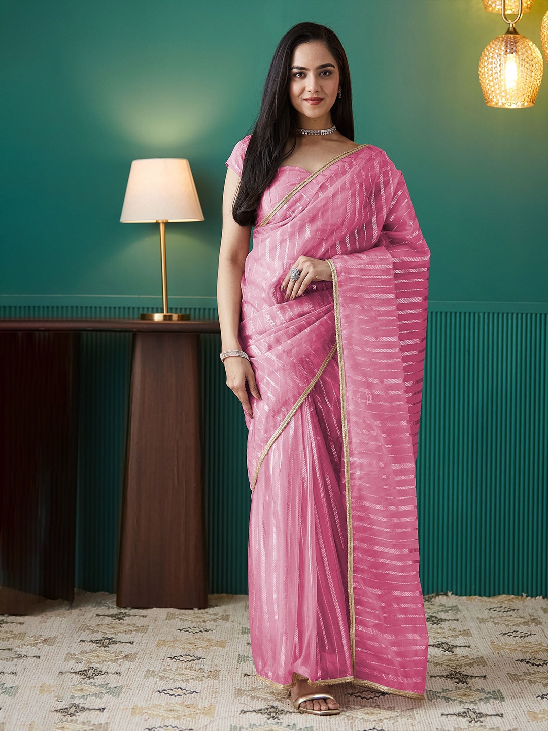 

RACHNA Striped Embroidered Organza Saree, Pink