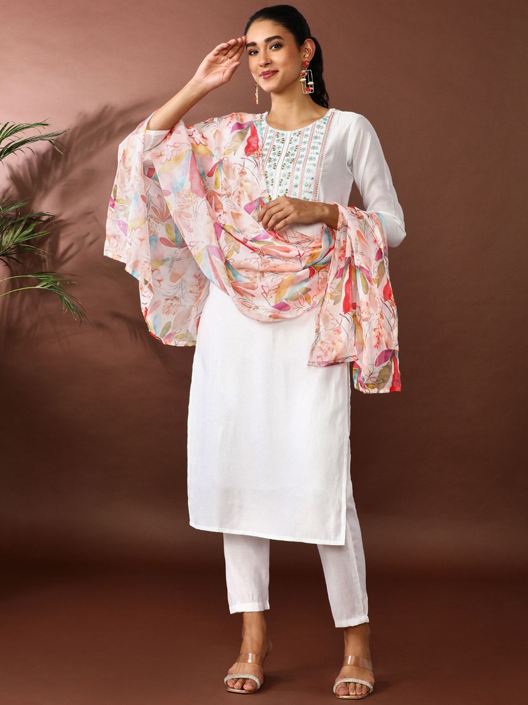 

Jaipur Kurti Floral Yoke Design Thread Work Chanderi Cotton Kurta With Trousers & Dupatta, White