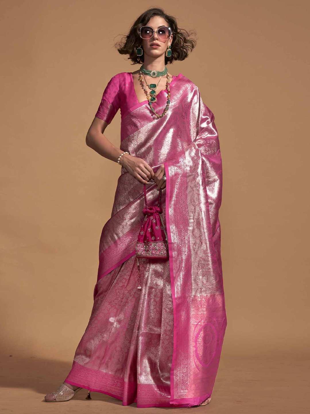 

KIMISHA Woven Design Zari Kanjeevaram Saree, Pink