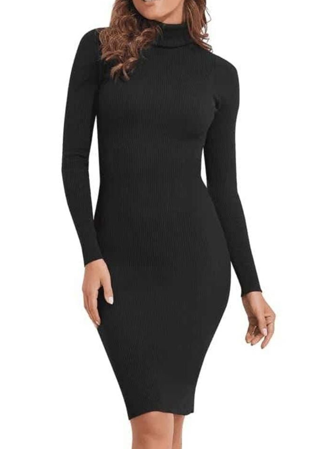 

JKP Collection High Neck Long Sleeves Cotton Bodycon Dress, Black