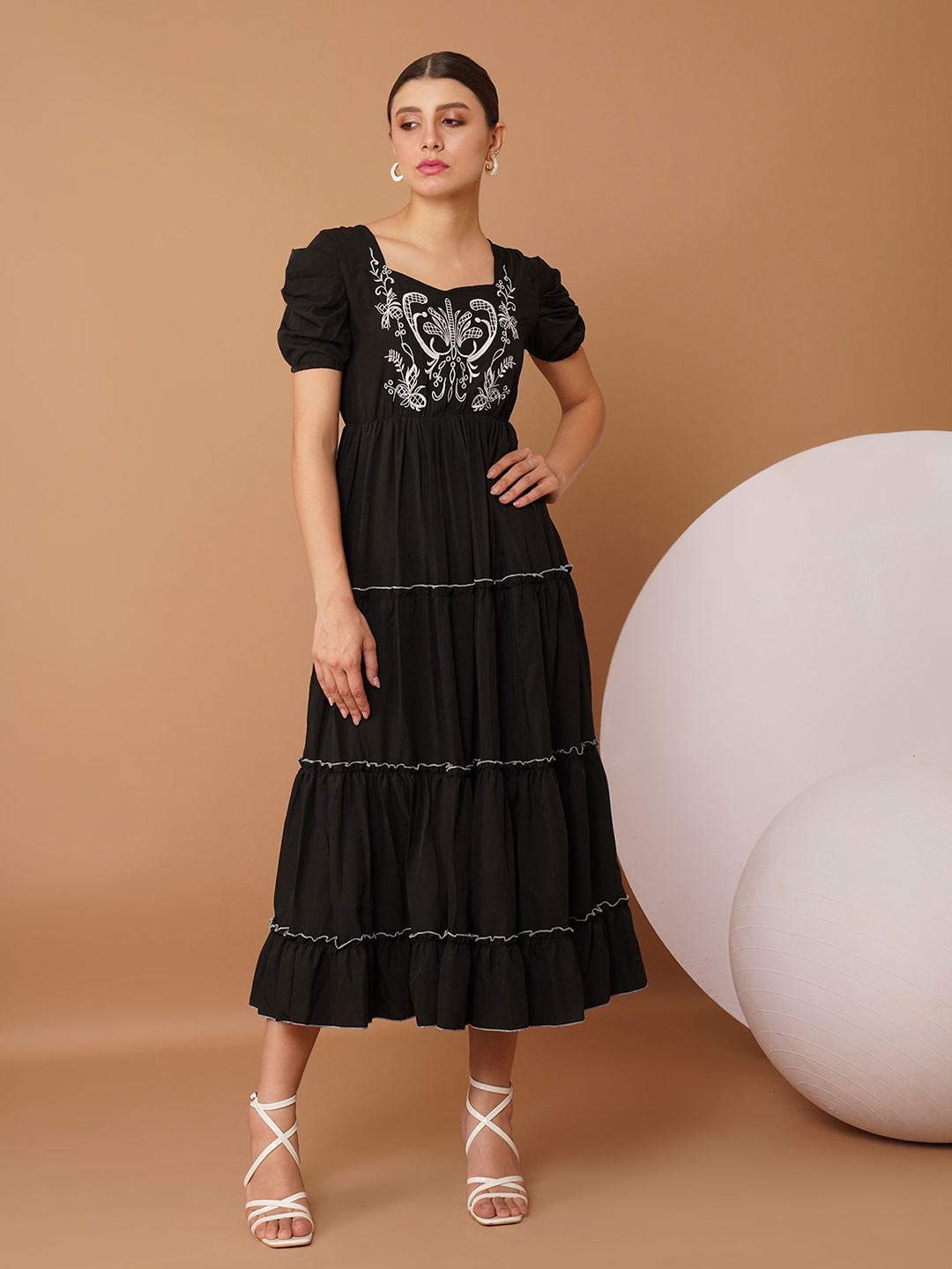 

Chemistry Women Embroidered Fit & Flare Puff Sleeve Midi Dress, Black