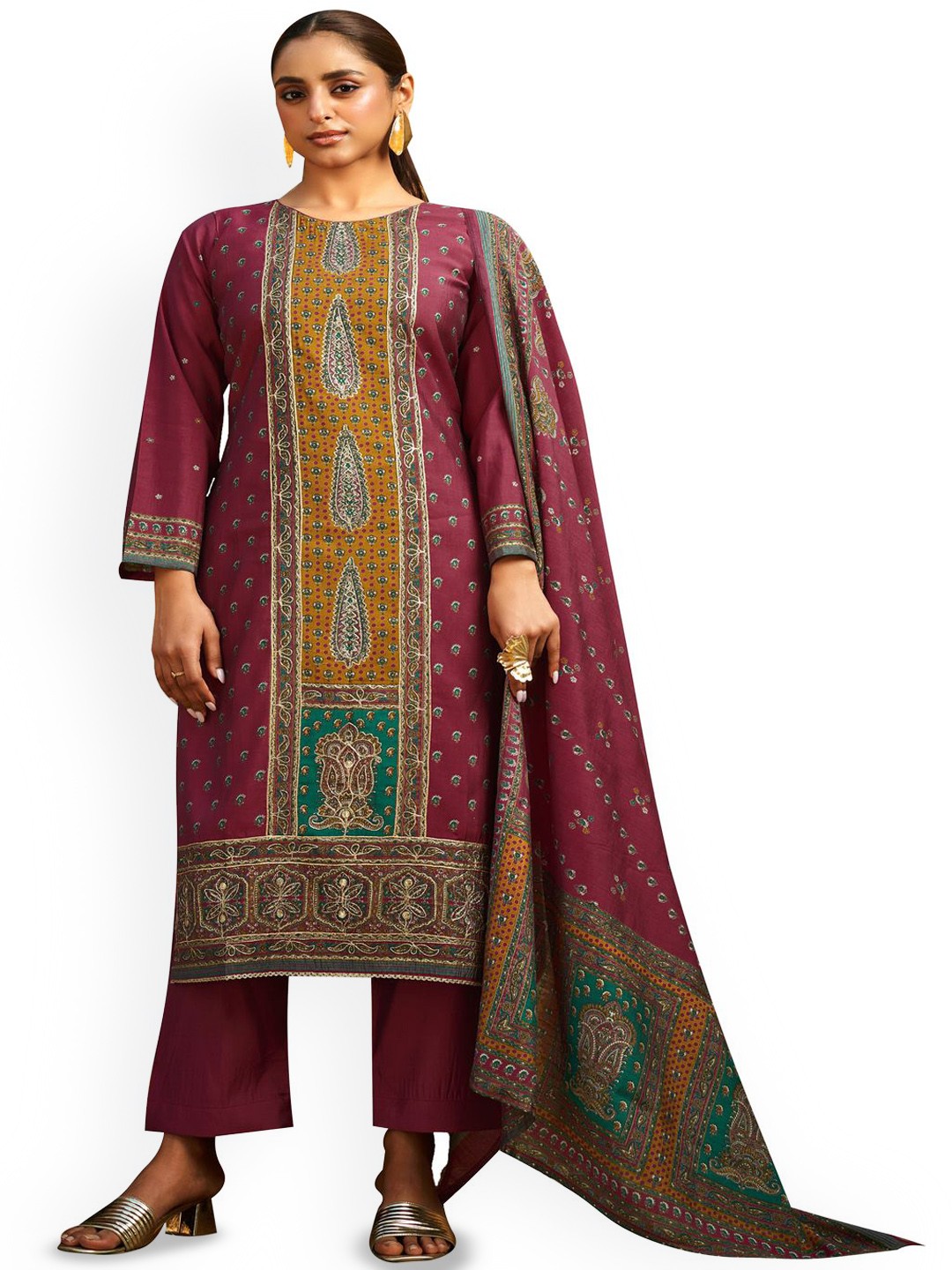 

DRAVINAM Trends Embroidered Pure Cotton Unstitched Dress Material, Maroon