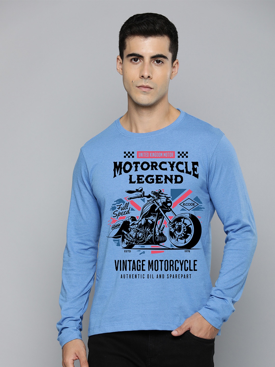 

R.Code by The Roadster Life Co. Men Biker Printed Applique T-shirt, Blue