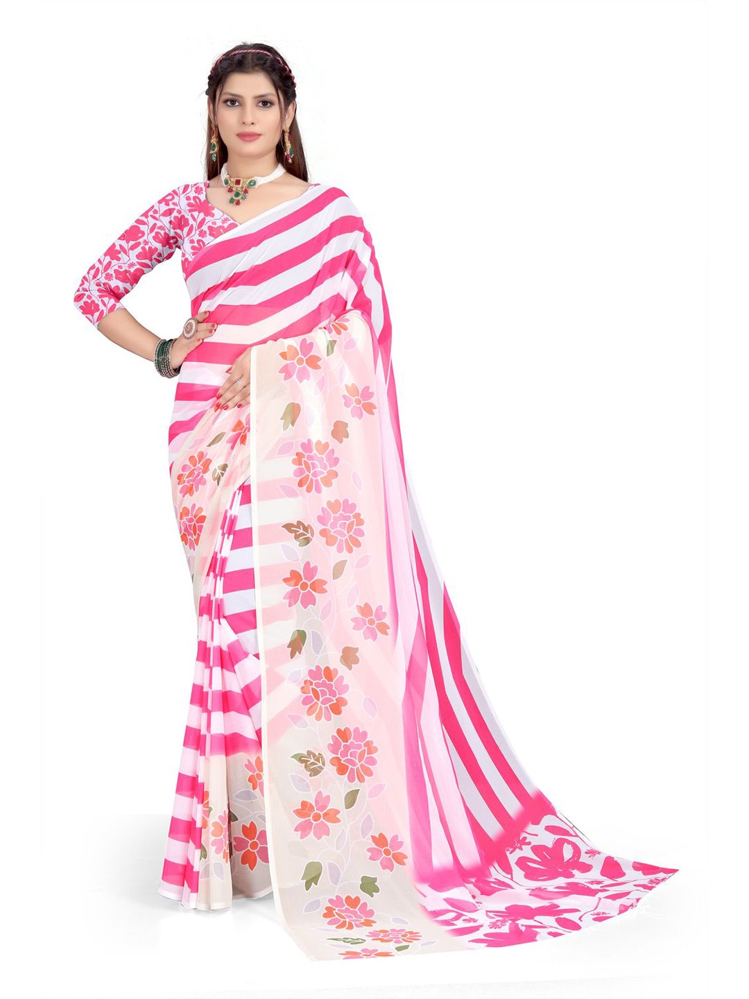 

Pemal Designer Floral Printed Pure Georgette Saree, Pink