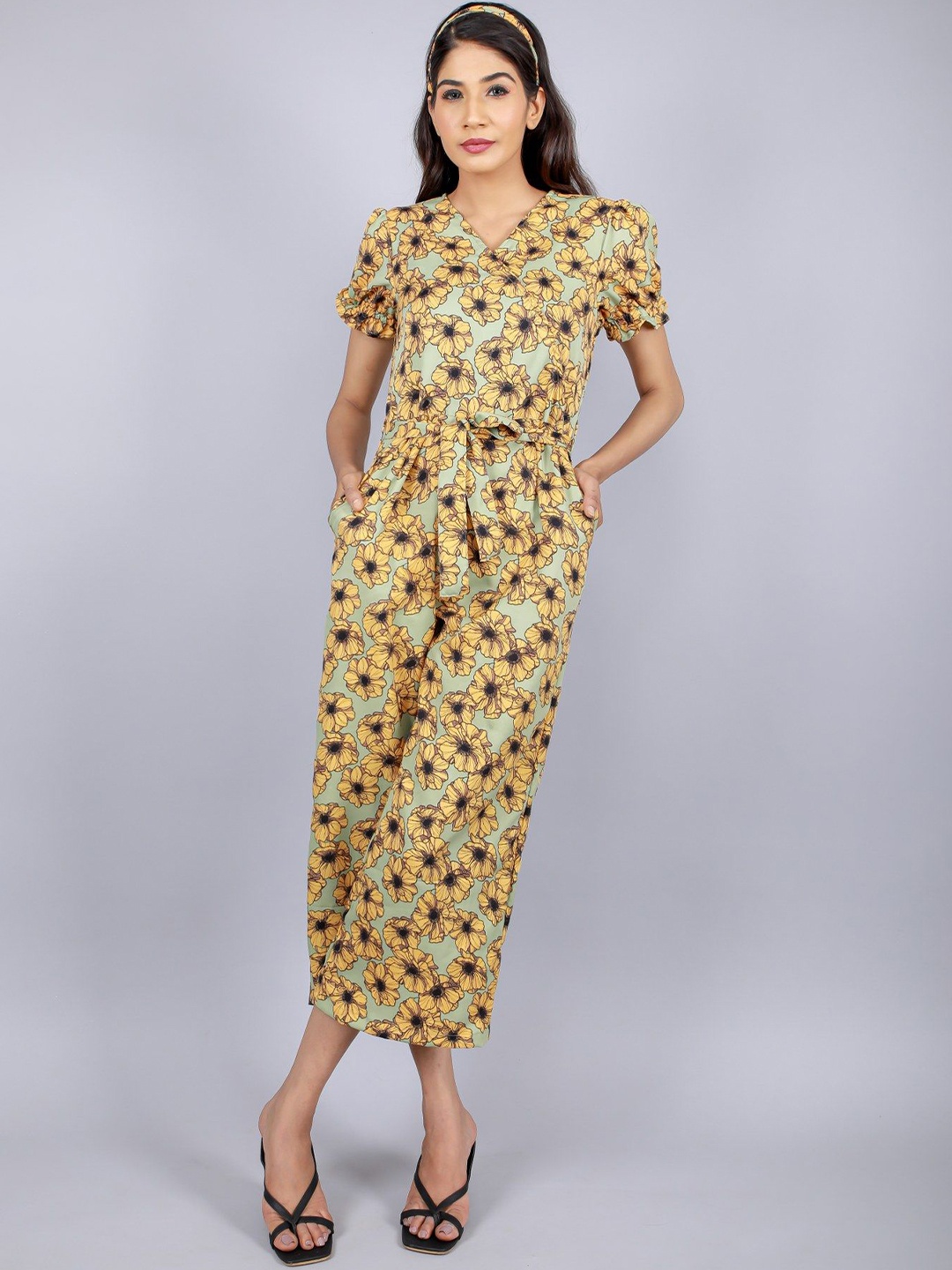 

JAIPURI LIBAS Women Floral Printed V-Neck Basic Jumpsuit, Yellow