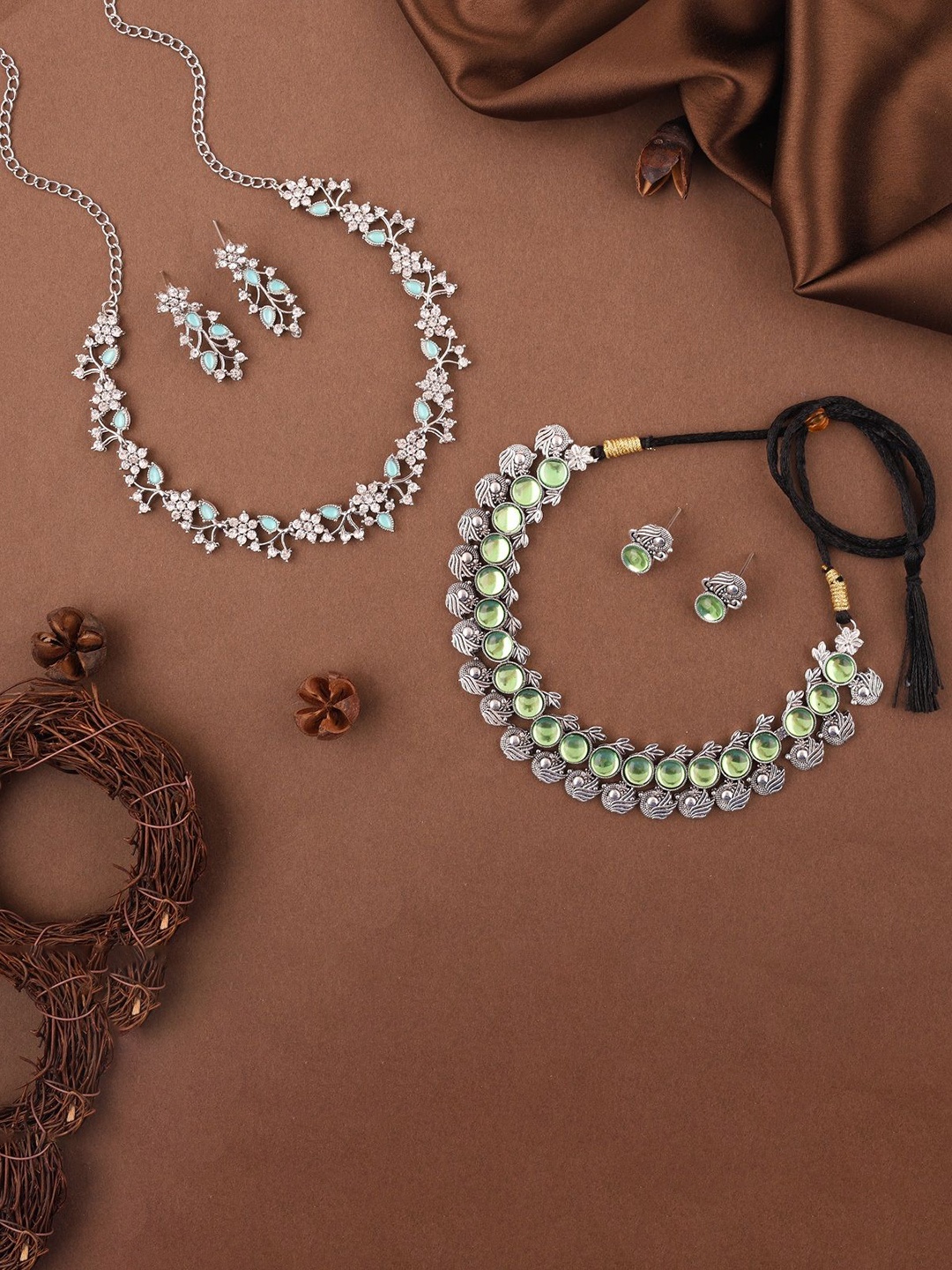 

Lyriss Set Of 2 Silver-Plated American Diamond Stone-Studded Jewellery Set