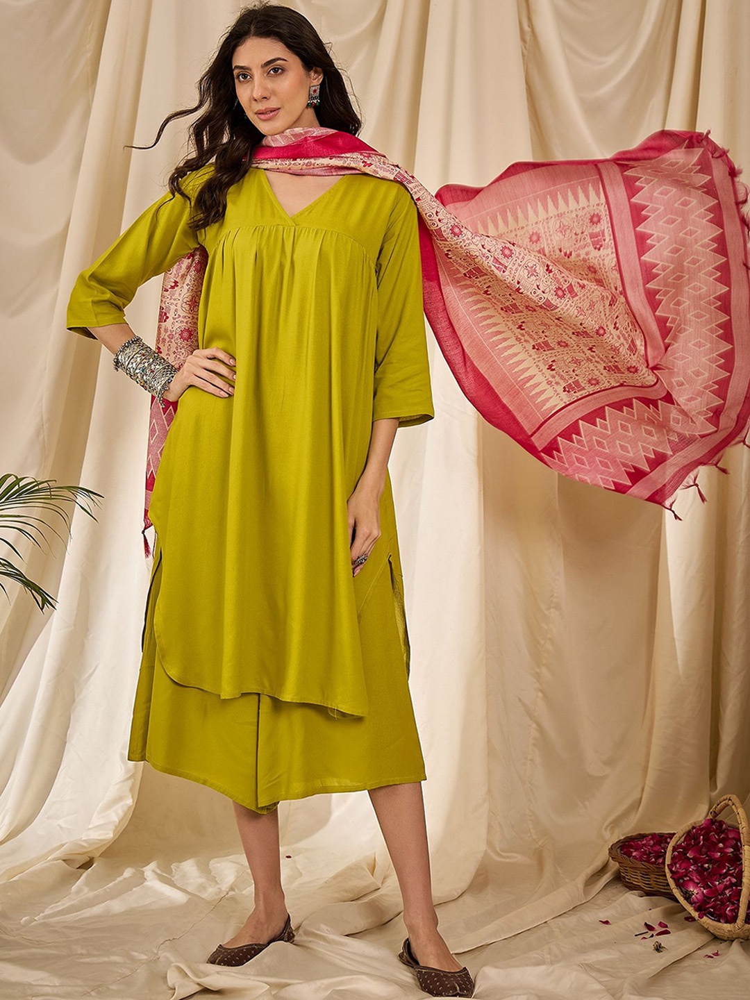 

InWeave Women Regular Kurta with Palazzos & With Dupatta, Yellow