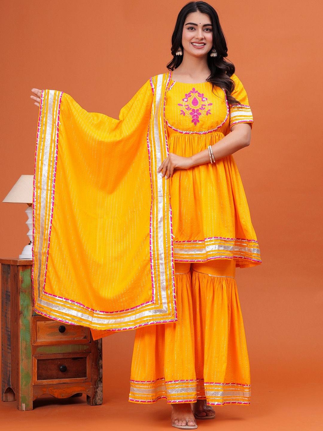 

PINGAKSH Floral Yoke Design Gotta Patti Pure Cotton A-Line Kurta With Sharara & Dupatta, Mustard
