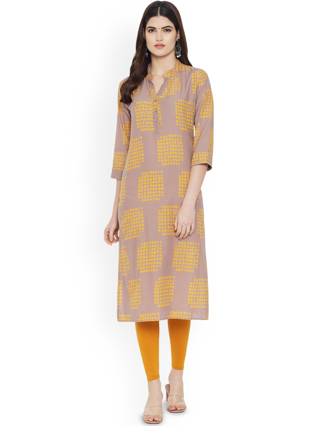 

7Threads Geometric Printed Mandarin Collar Cotton Straight Kurta, Beige