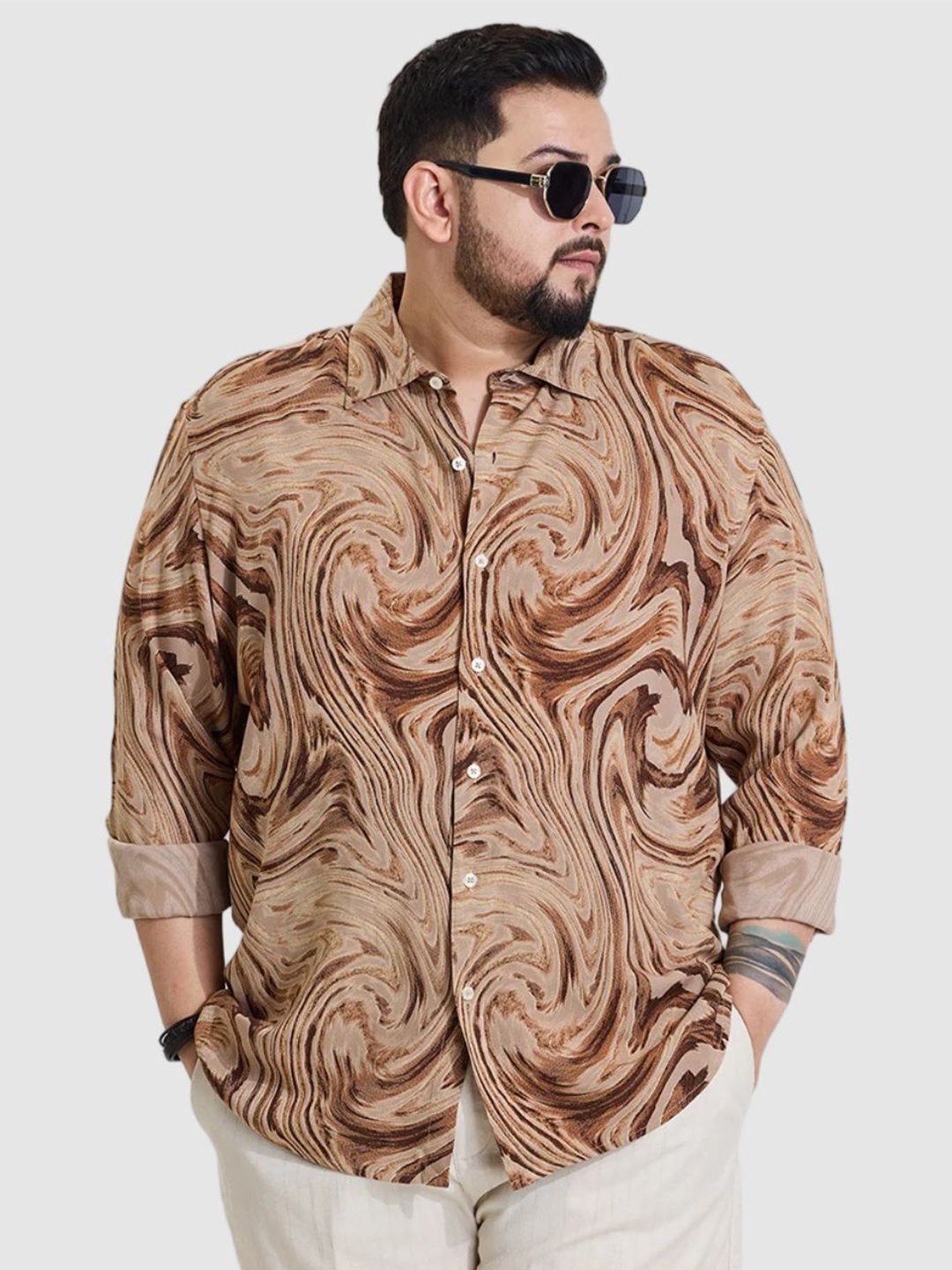 

Snitch Men Plus Size Classic Regular Fit Spread Collar Abstract Printed Casual Shirt, Brown