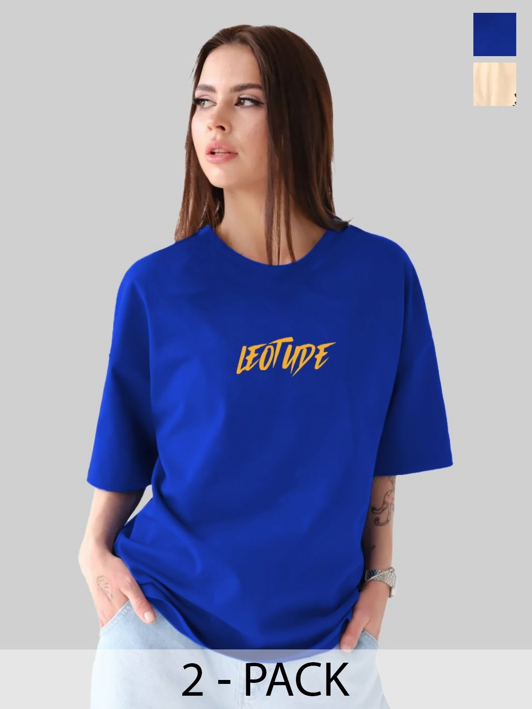 

Leotude Women Pack Of 2 Graphic Printed Round Neck Cotton Oversized T-shirts, Blue
