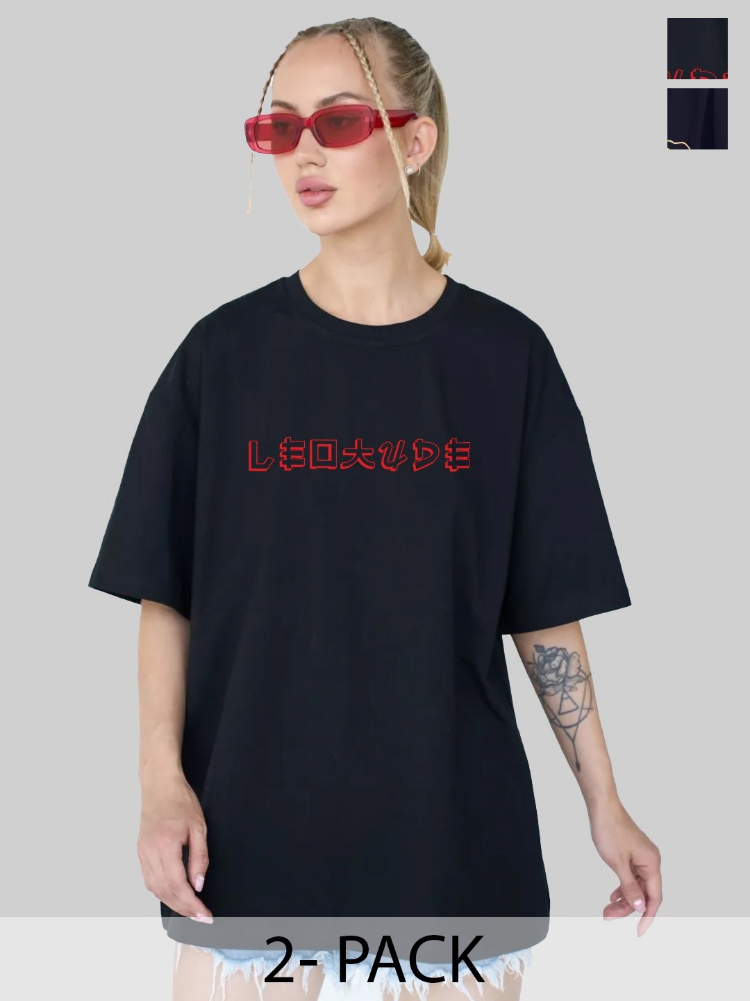 

Leotude Women Pack Of 2 Graphic Printed Round Neck Cotton Oversized T-shirts, Black