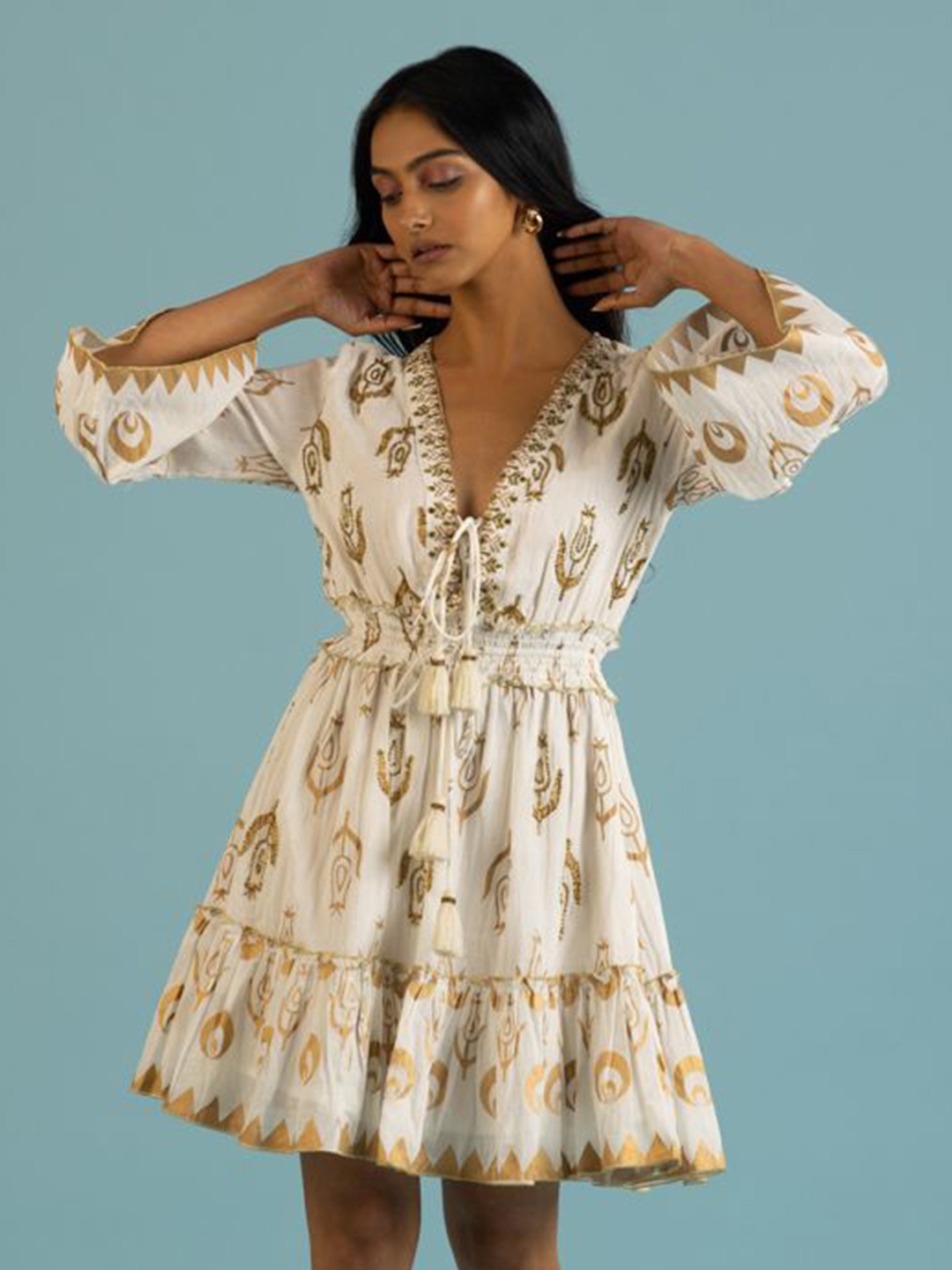 

Label Reyya Women Ethnic Motifs Printed Fit and Flare Dress, Off white