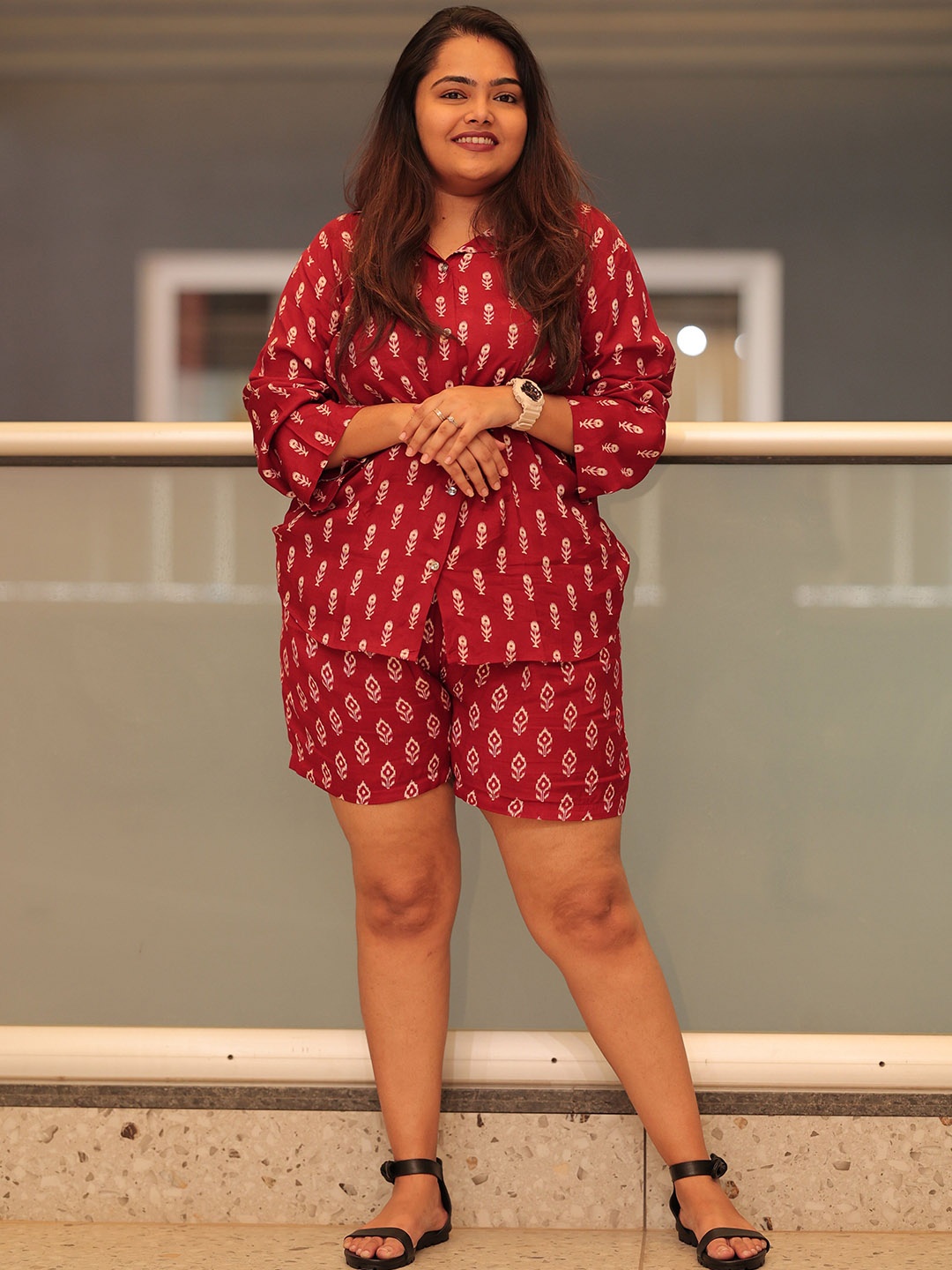 

Swarna Akriti Block Printed Shirt-Neck Shirt With Short Co-Ords, Red