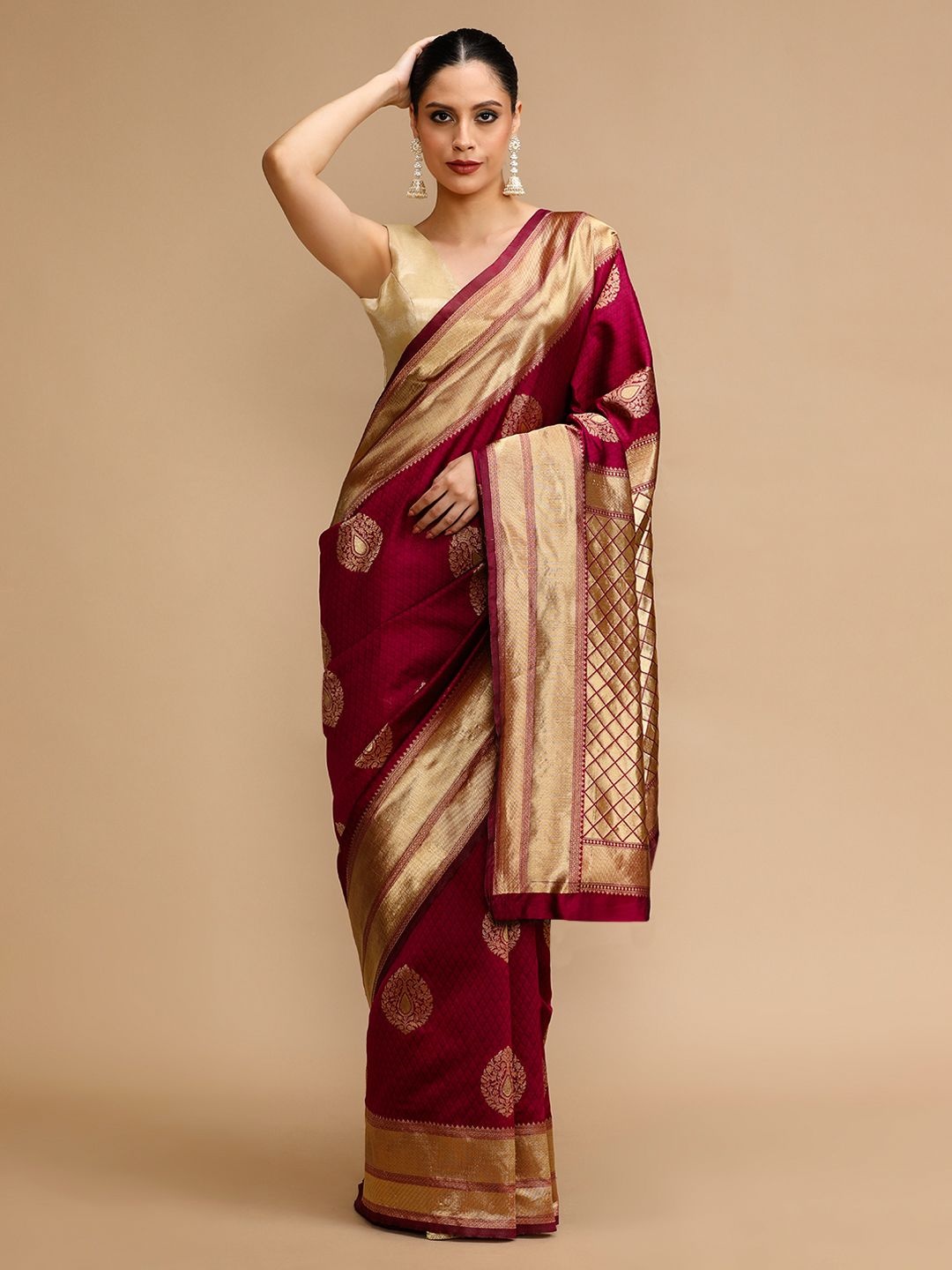 

House of Pataudi Ethnic Motifs Woven Design Zari Banarasi Saree, Maroon