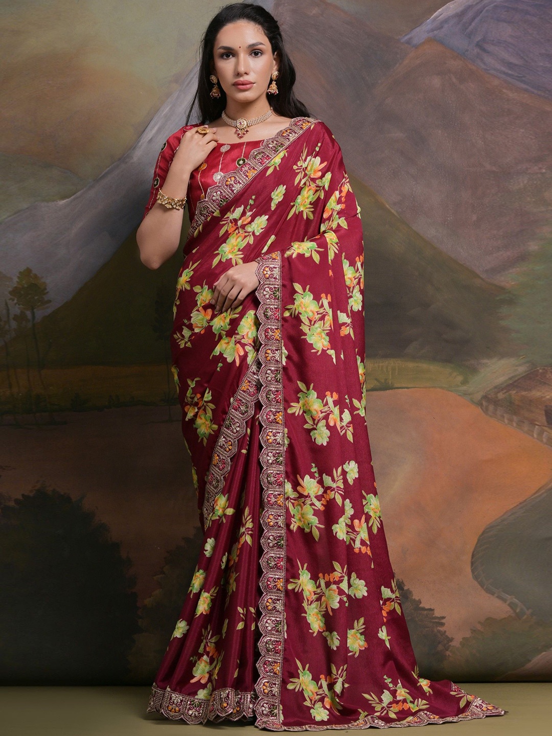 

LeeliPeeri Designer Floral Printed Sequinned Saree, Maroon