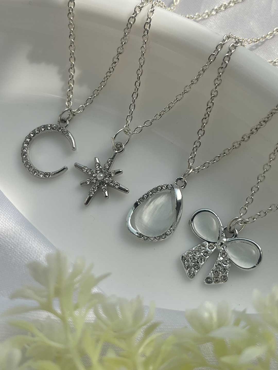 

Jewelsbysirani Pack Of 4 Silver-Plated Stone-Studded Pendants With Chains