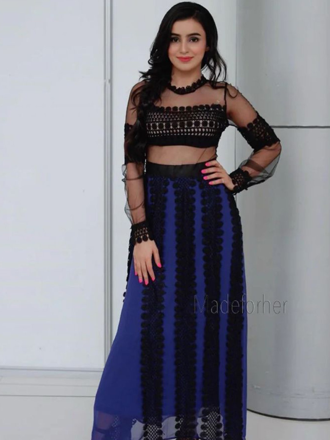 

MADE FOR HER LABEL Lace Patchwork Full Sleeve Maxi Dress For Women, Blue