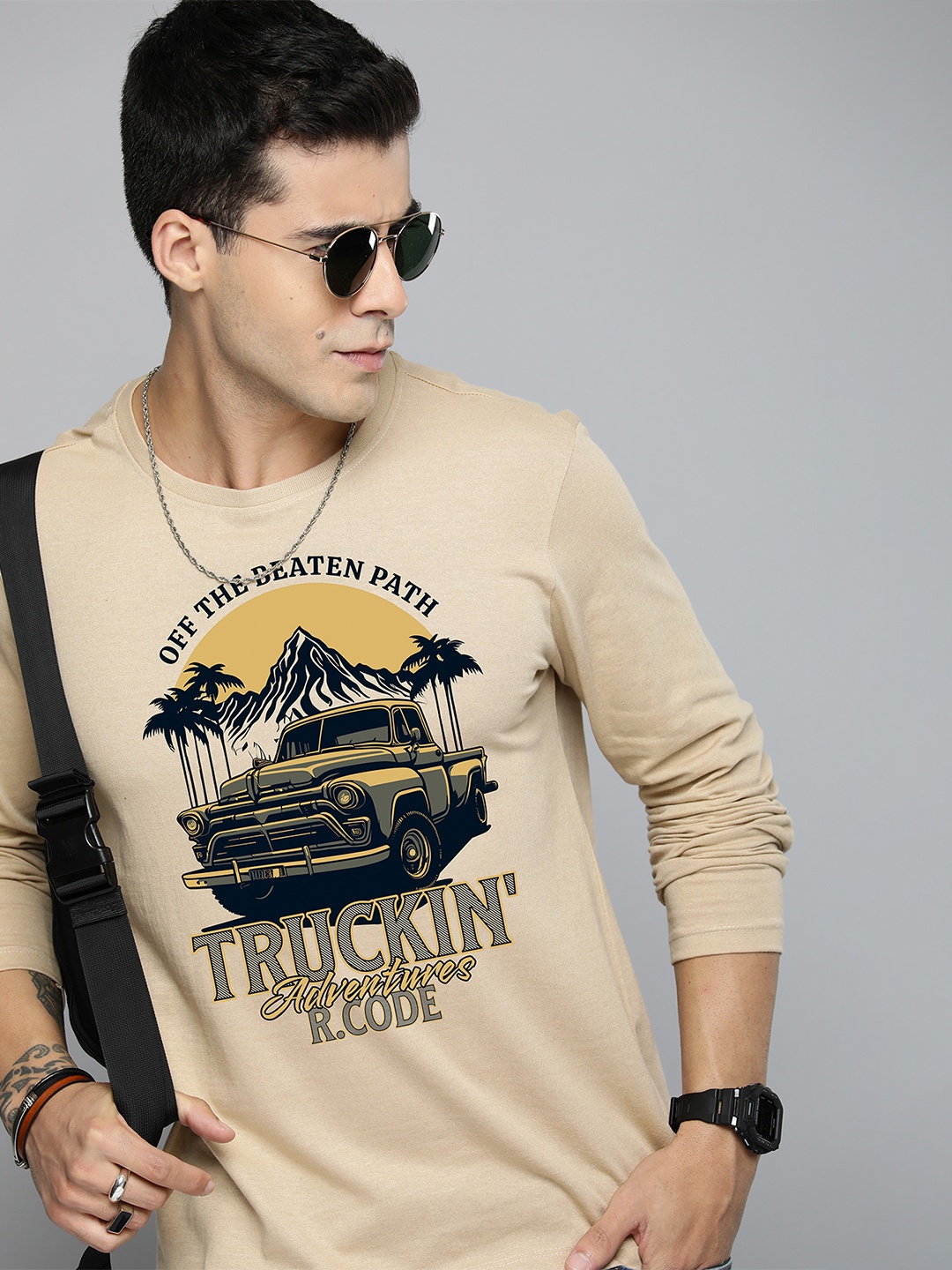 

R.Code by The Roadster Life Co. Men Printed Applique T-shirt, Beige