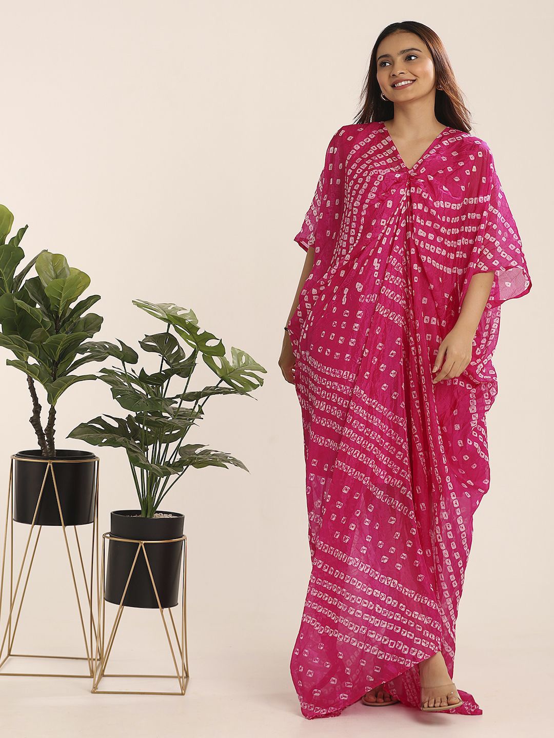 

THE BLESSED WARDROBE Women Tie and Dye Printed Kimono Sleeve Satin Maxi Dress, Pink
