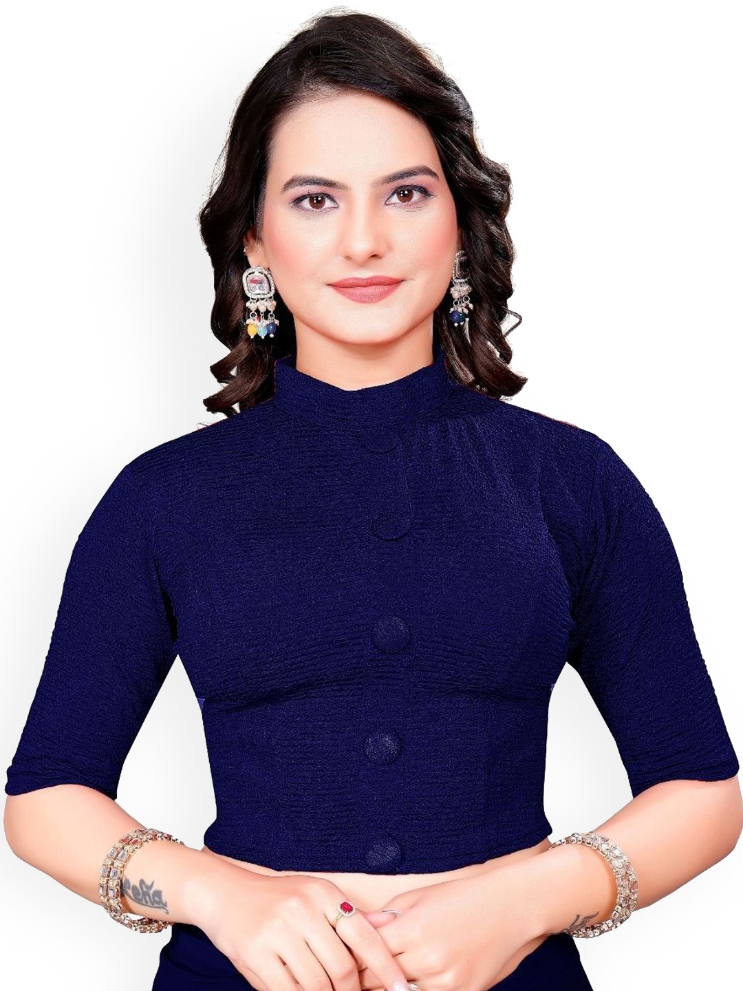 

SS Sanket Synthetics Women Cotton High Neck Saree Blouse, Navy blue