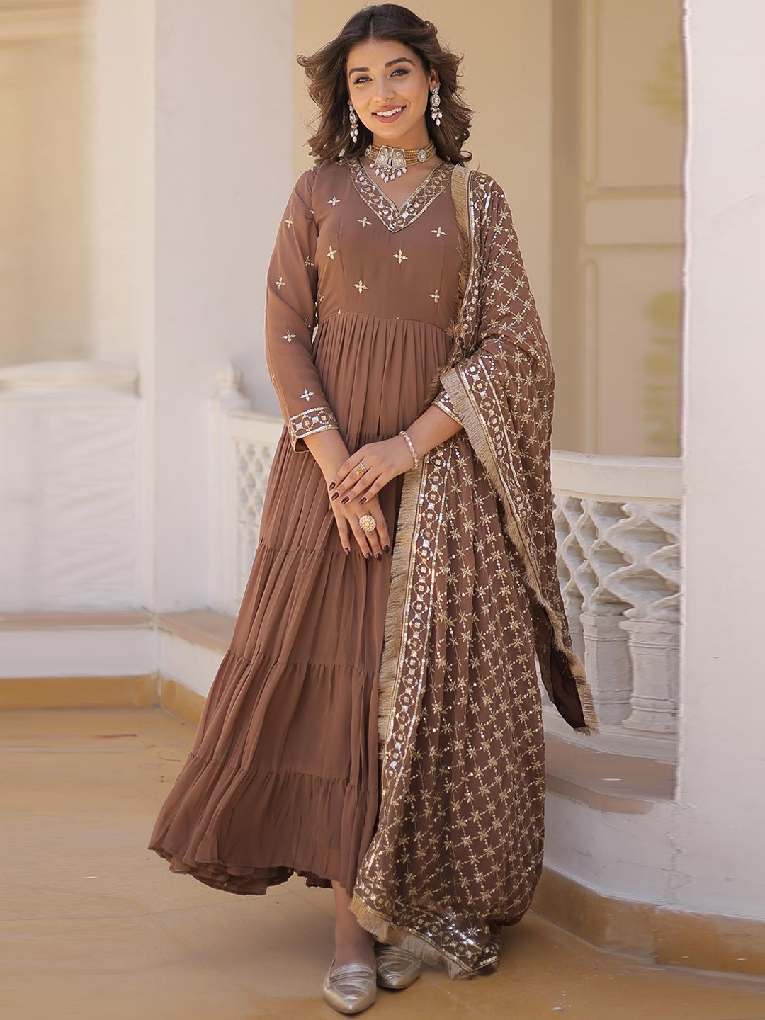 

Fashion Basket Embroidered Fit & Flared Anarkali Gown Ethnic Dresses With Dupatta, Brown