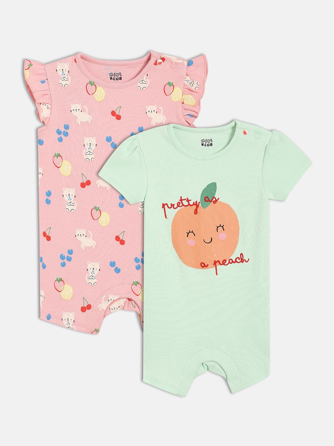 

MINI KLUB Pack Of 2 Infant Girls Printed Pure Cotton Rompers, Pink
