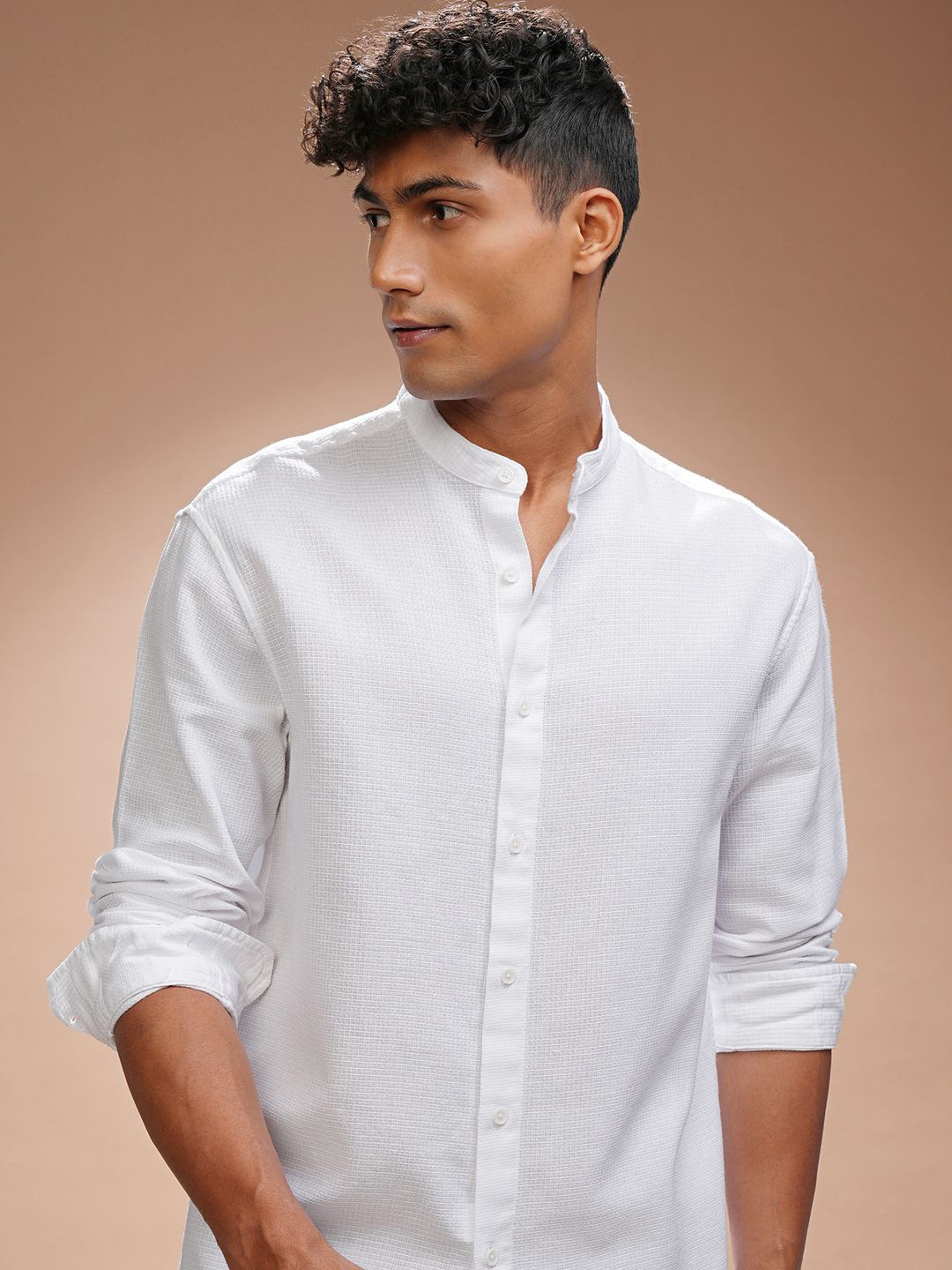 

HIGHLANDER Men Comfort Relaxed Fit Band Collar Textured Cotton Casual Shirt, White