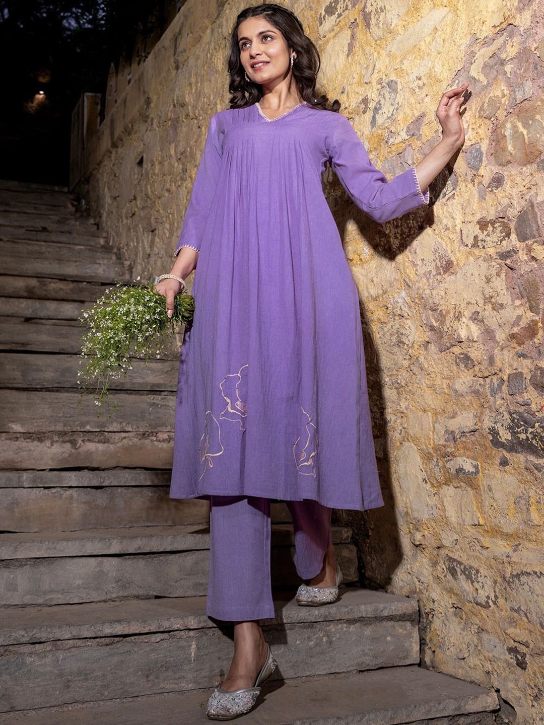 

AUTUMN LANE Floral Embroidered Pleated Beads and Stones Pure Cotton Kurta with Trouser, Lavender