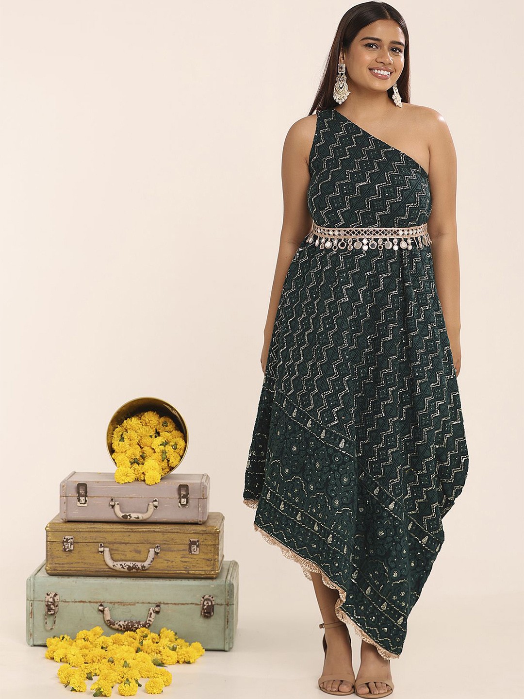 

THE BLESSED WARDROBE Women Print Shoulder Straps Fit & Flare Maxi Dress, Green