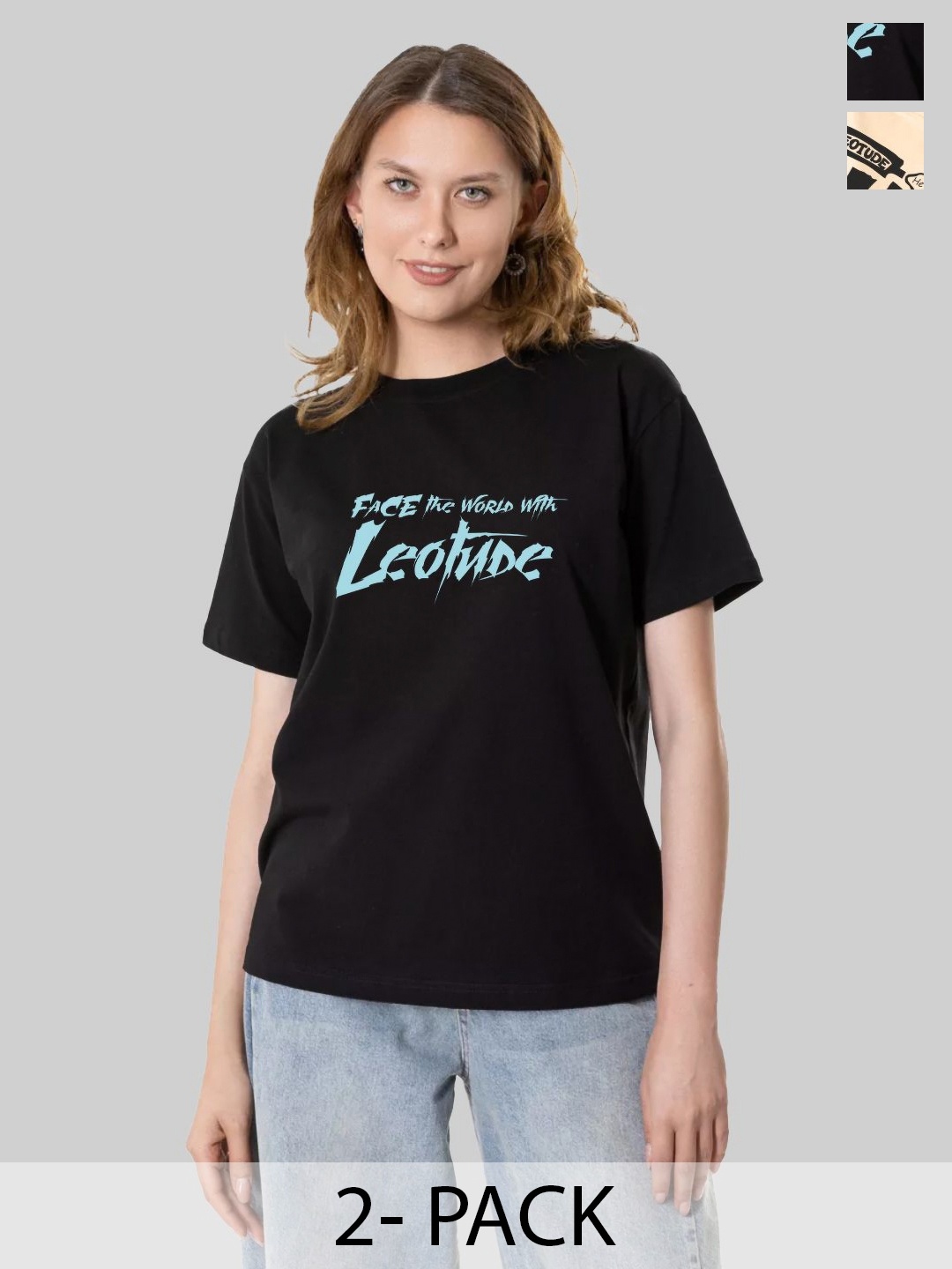 

Leotude Women Pack Of 2 Graphic Printed Round Neck Cotton Oversized T-shirts, Black