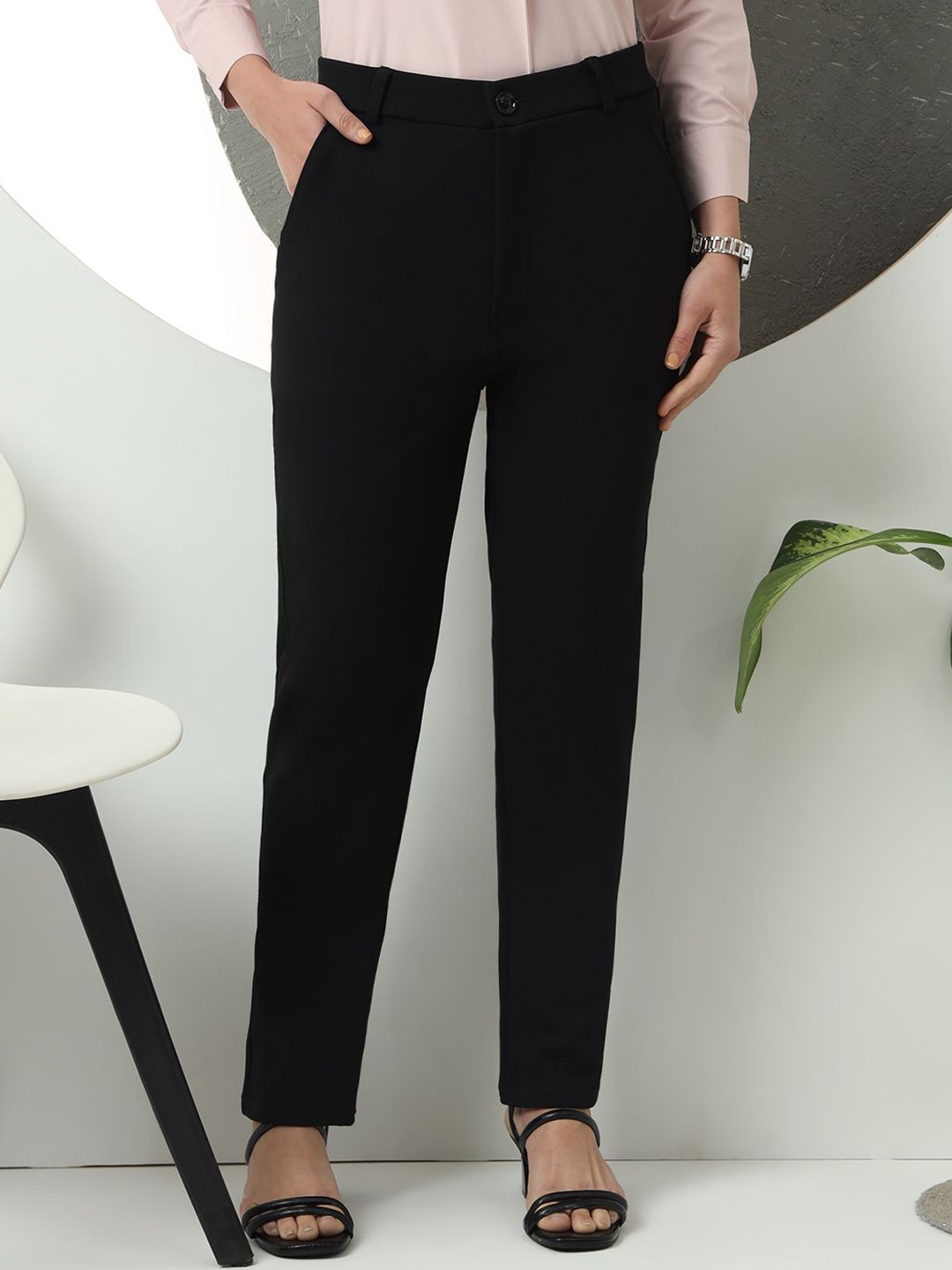 

FITHUB Women Regular Fit High-Rise Cotton Formal Trouser, Black