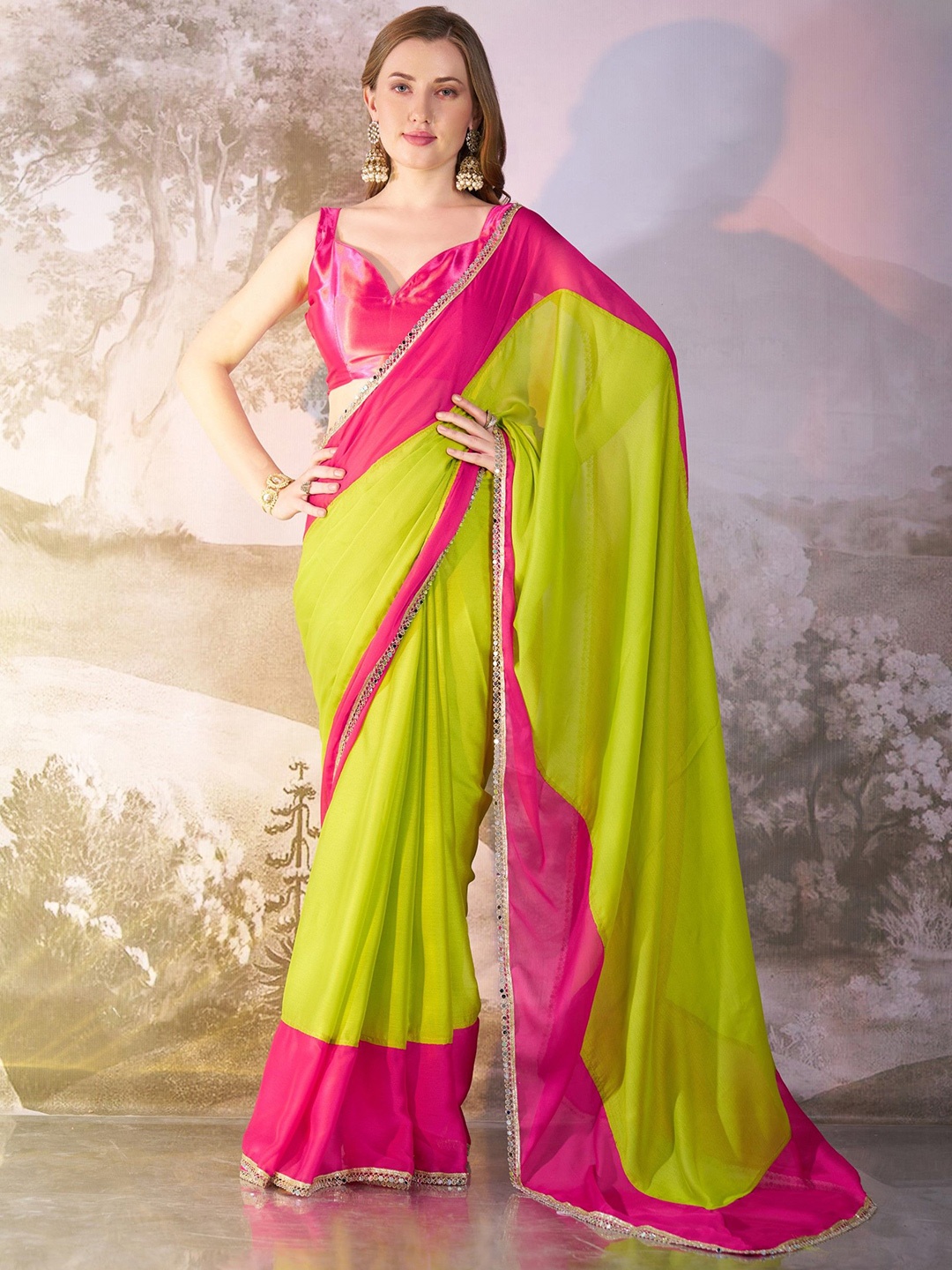

MAHALASA Colourblocked Embellished Pure Chiffon Saree, Green