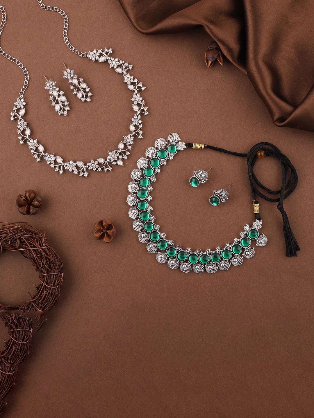 

Lyriss Set Of 2 Silver-Plated American Diamond Studded Jewellery Set