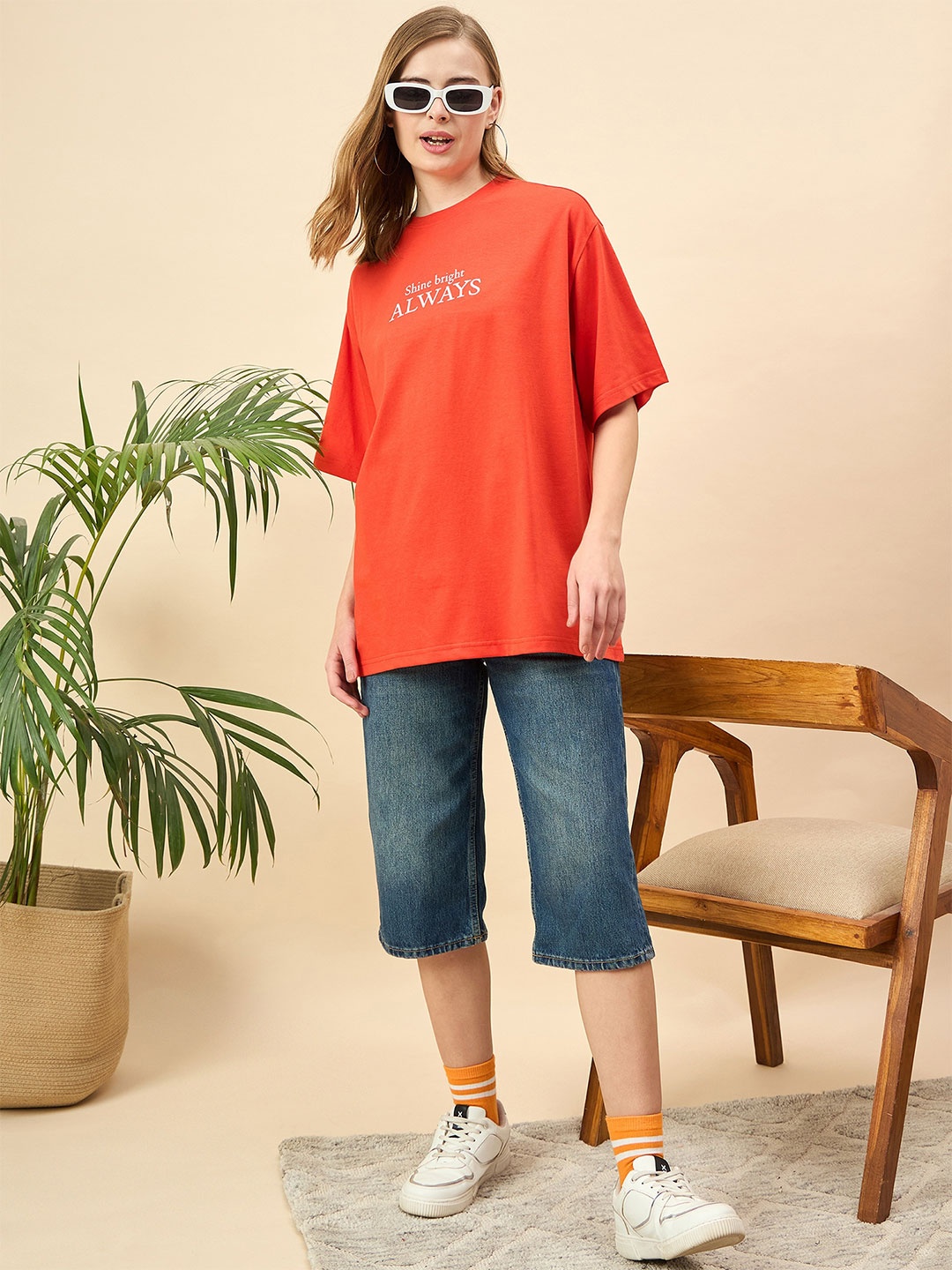 

Mast & Harbour Women Printed Drop-Shoulder Sleeves T-shirt, Orange