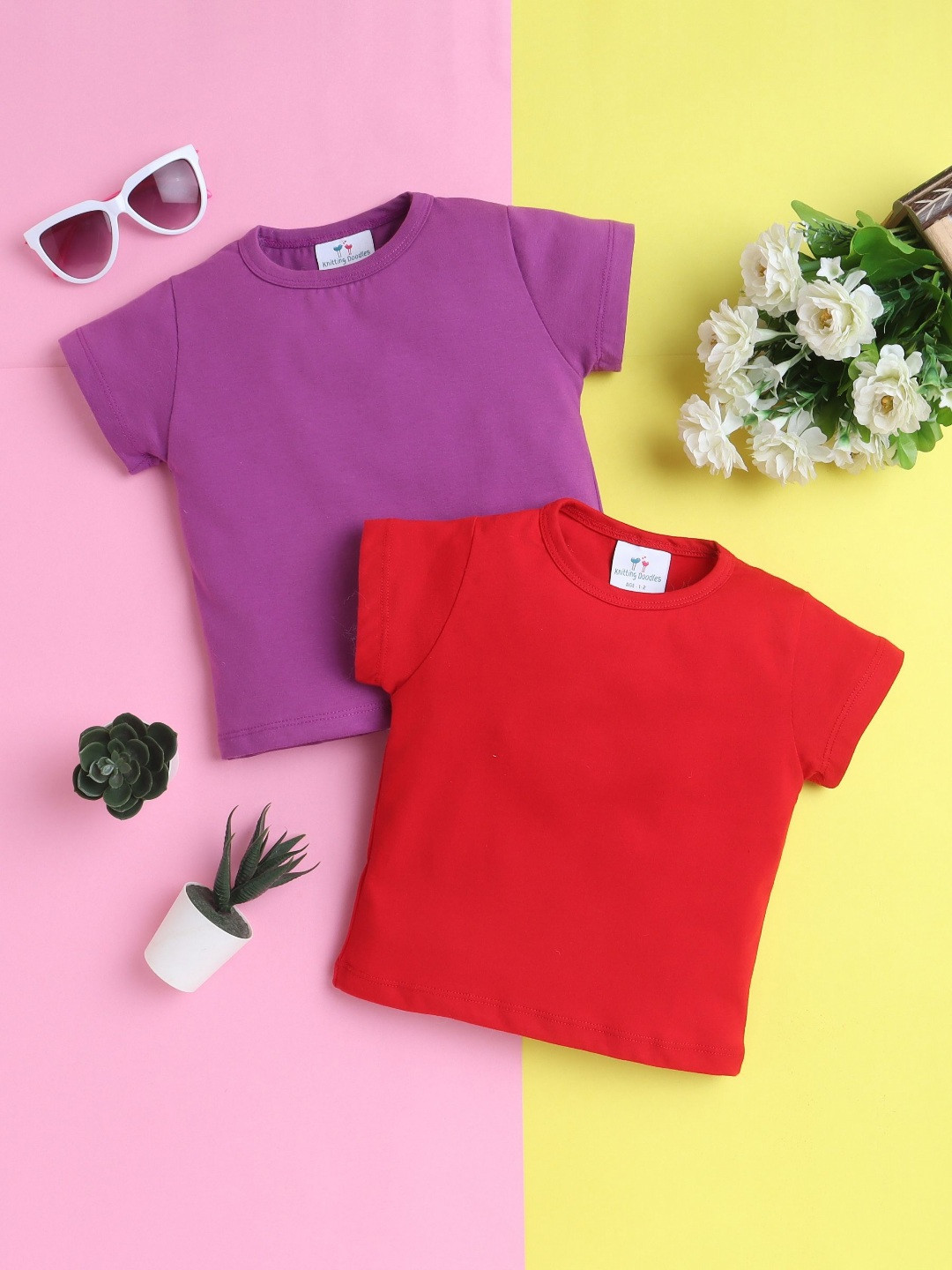 

Knitting Doodles Girls Pack of 2 Solid Round Neck Cotton T-shirts, Purple