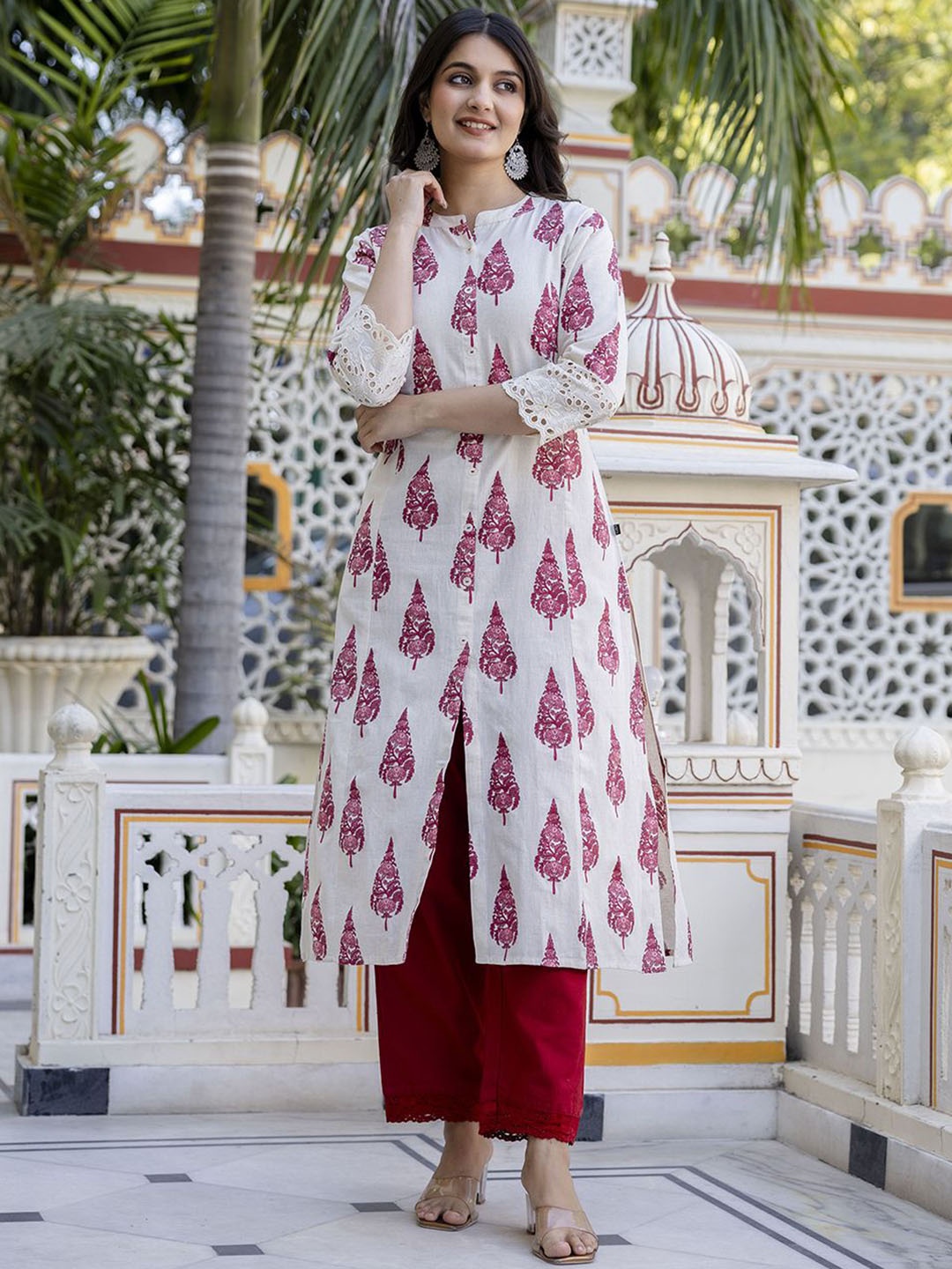 

Pistaa Ethnic Motifs Printed Mandarin Collar Pure Cotton A-Line Kurta With Palazzos, White