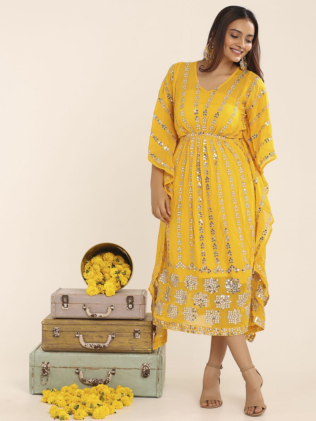 

THE BLESSED WARDROBE Women Embellished Round Neck Sleeveless Kaftan Dress, Yellow