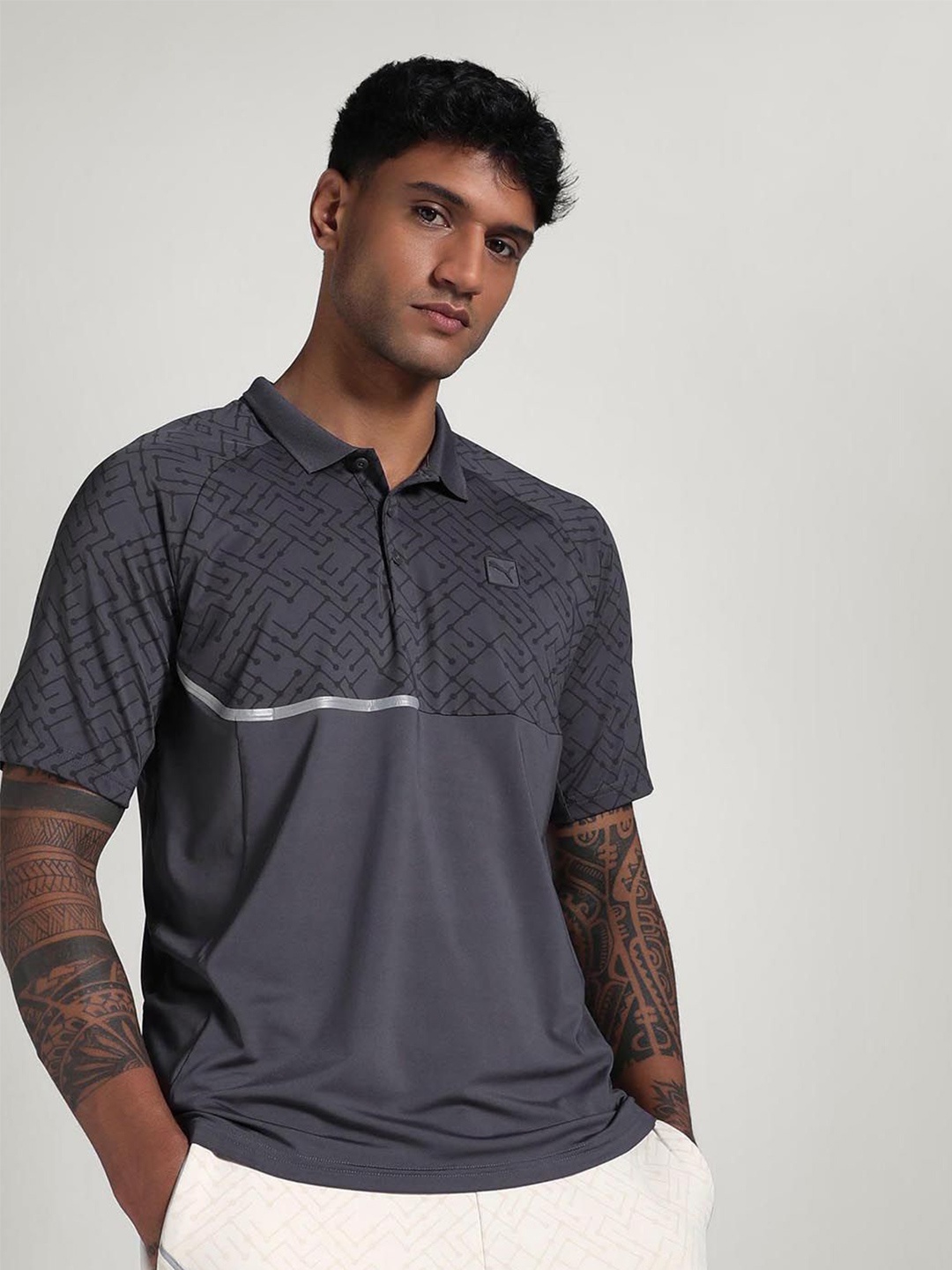 

Puma Tech Men Printed Polo T-Shirt, Grey