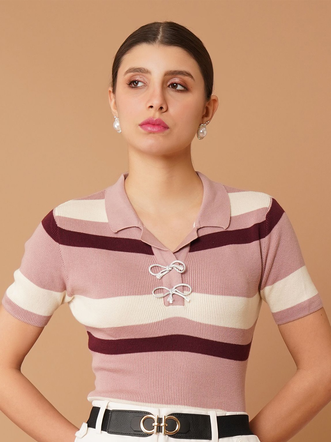 

Chemistry Women Striped Cotton Fitted Top, Pink