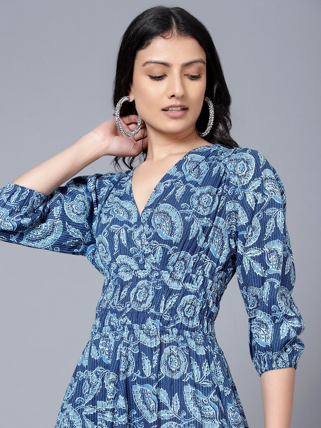 

Raiyani Fashion Women Floral Print Applique Crepe Fit & Flare Maxi Dress, Blue
