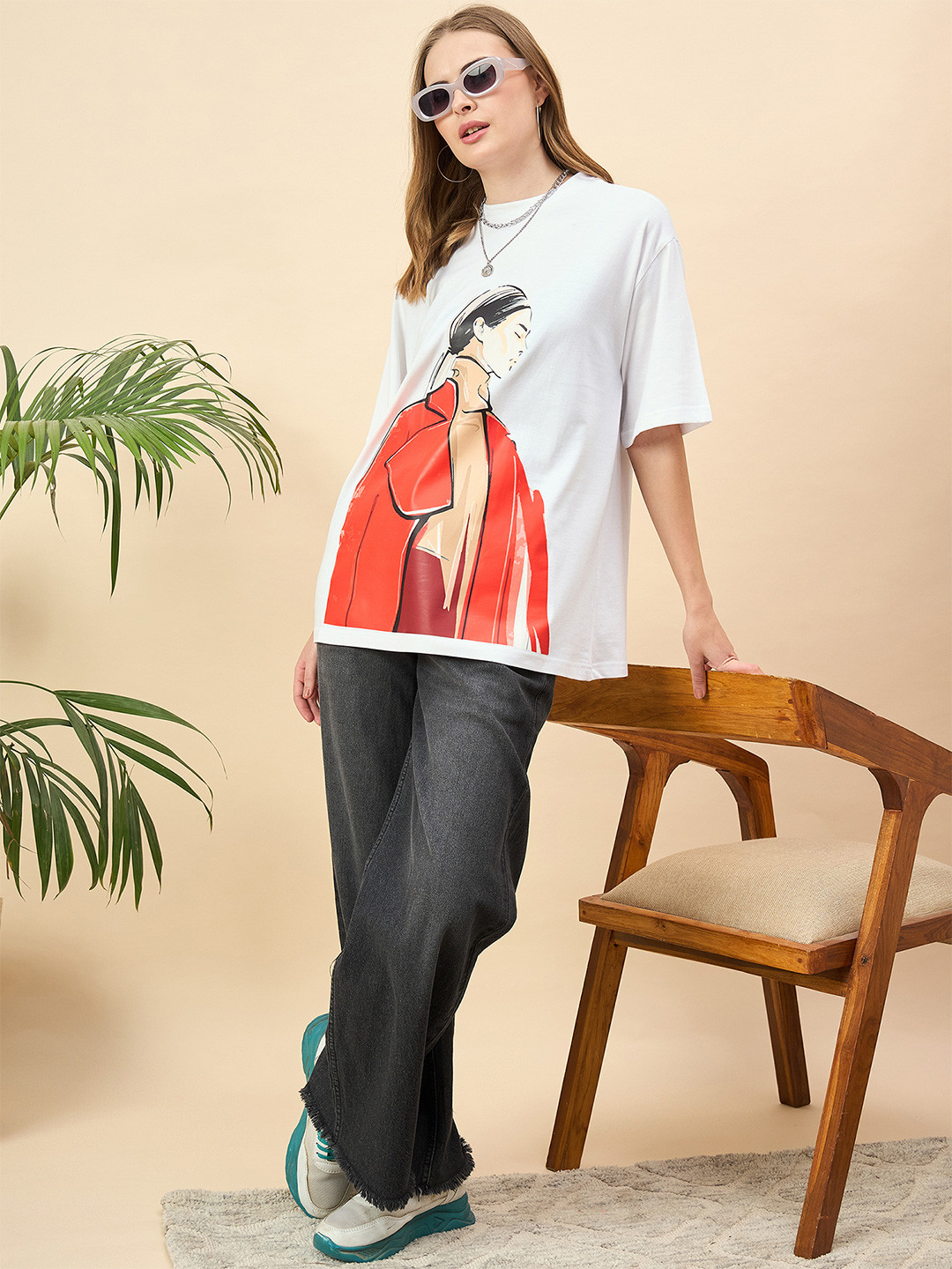 

Mast & Harbour Women Printed Drop-Shoulder Sleeves T-shirt, White