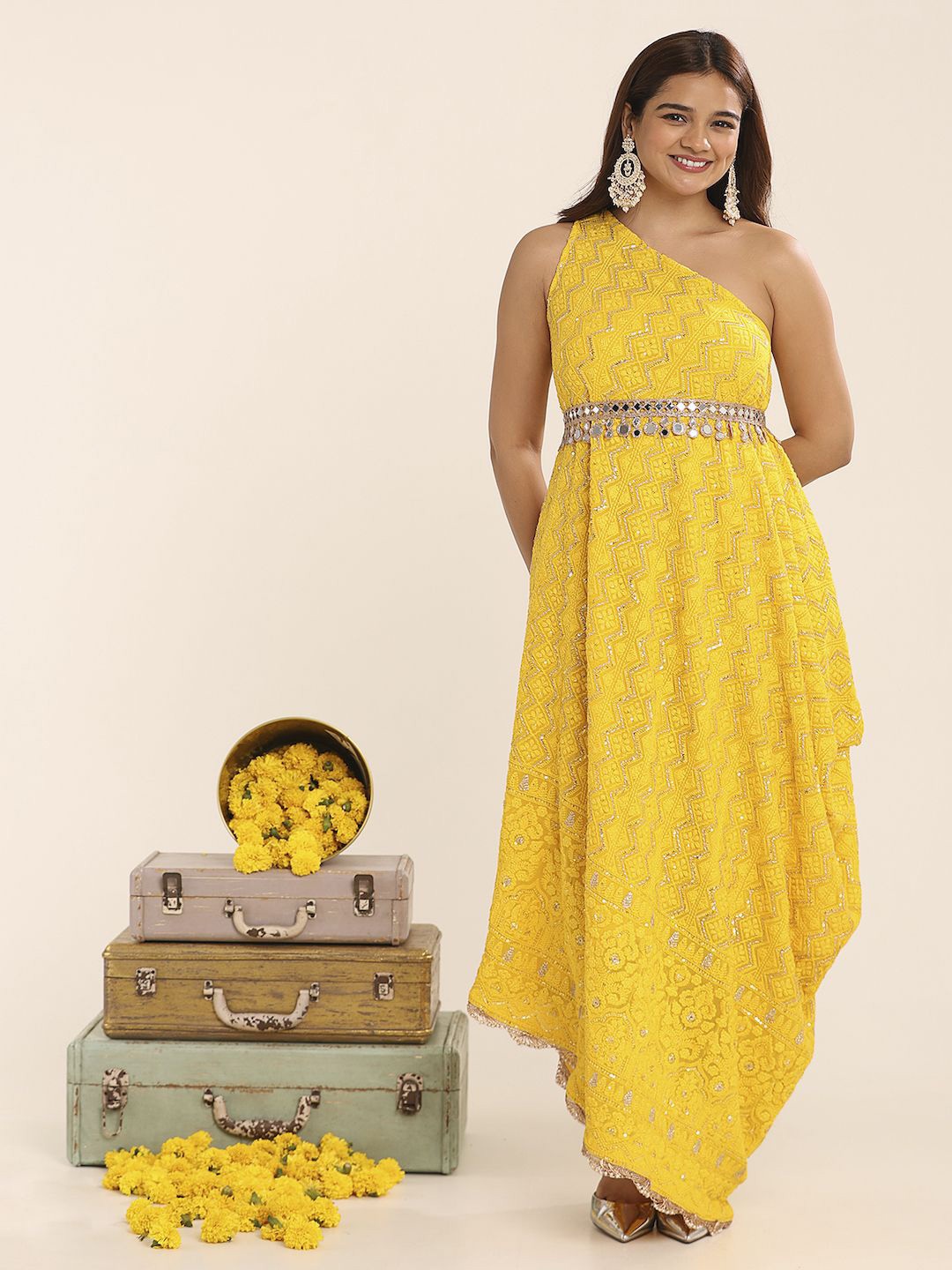 

THE BLESSED WARDROBE Floral Print Georgette Fit & Flare Maxi Dress, Yellow